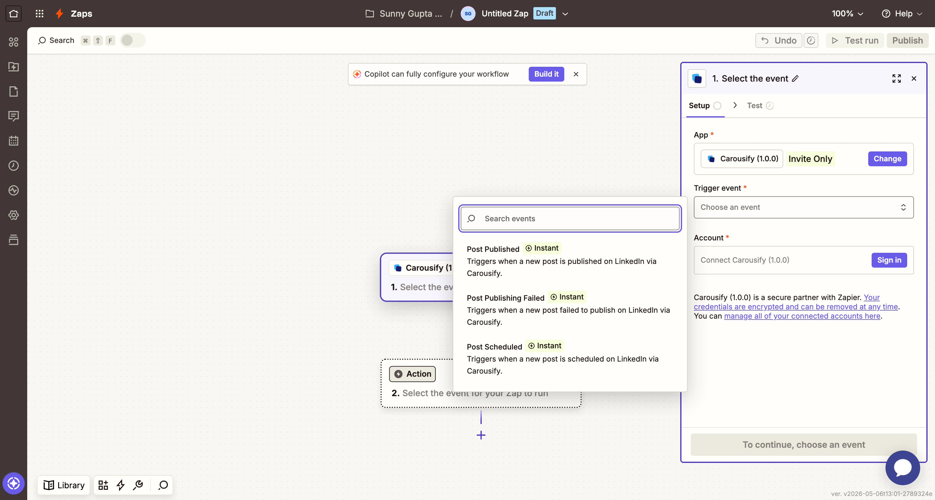 Zapier trigger event picker showing Post Published, Post Scheduled, and Post Publishing Failed