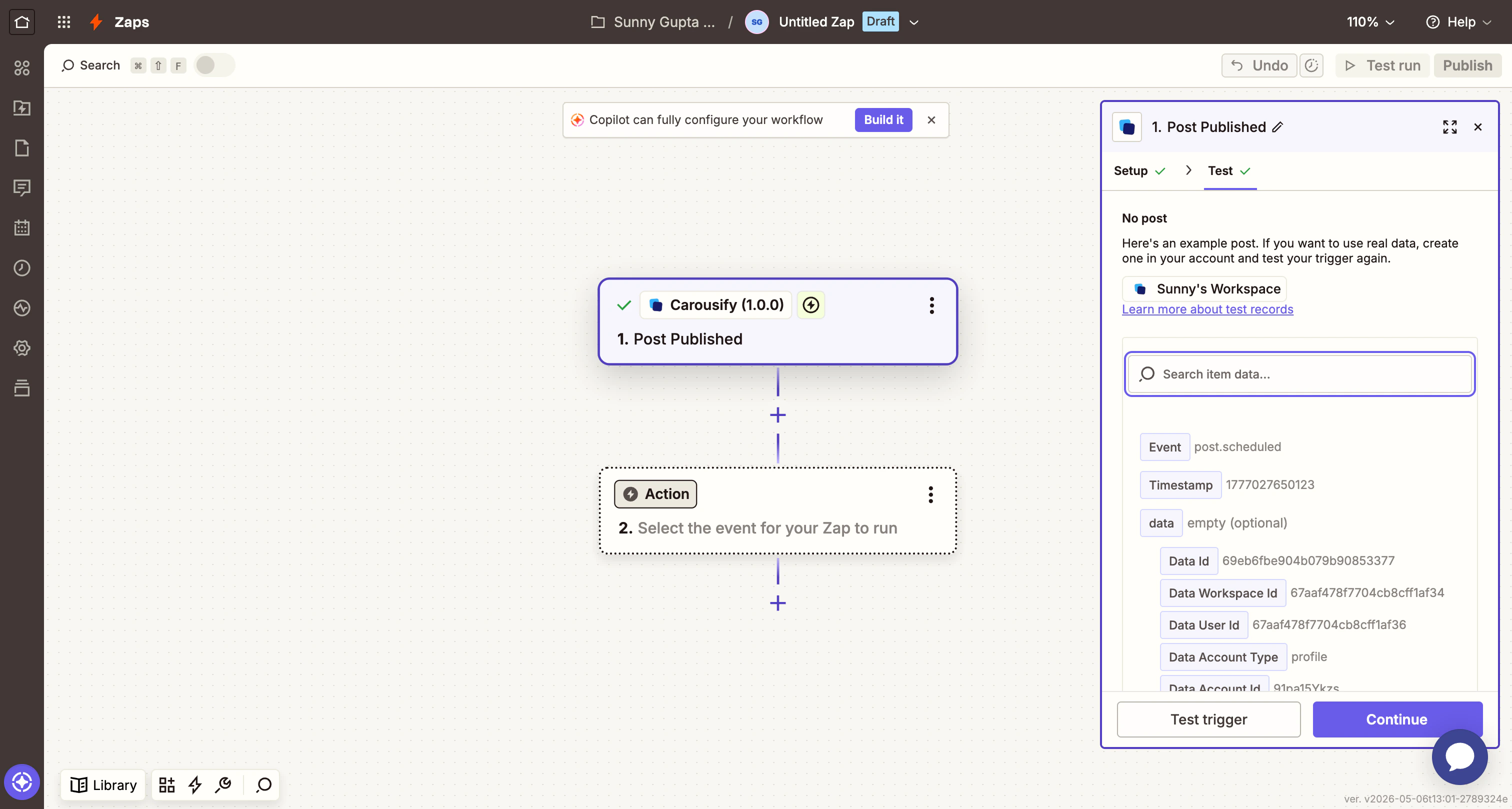 Zapier trigger sample showing Carousify post fields including Data Posting Time, Data Account Id, and Data Content