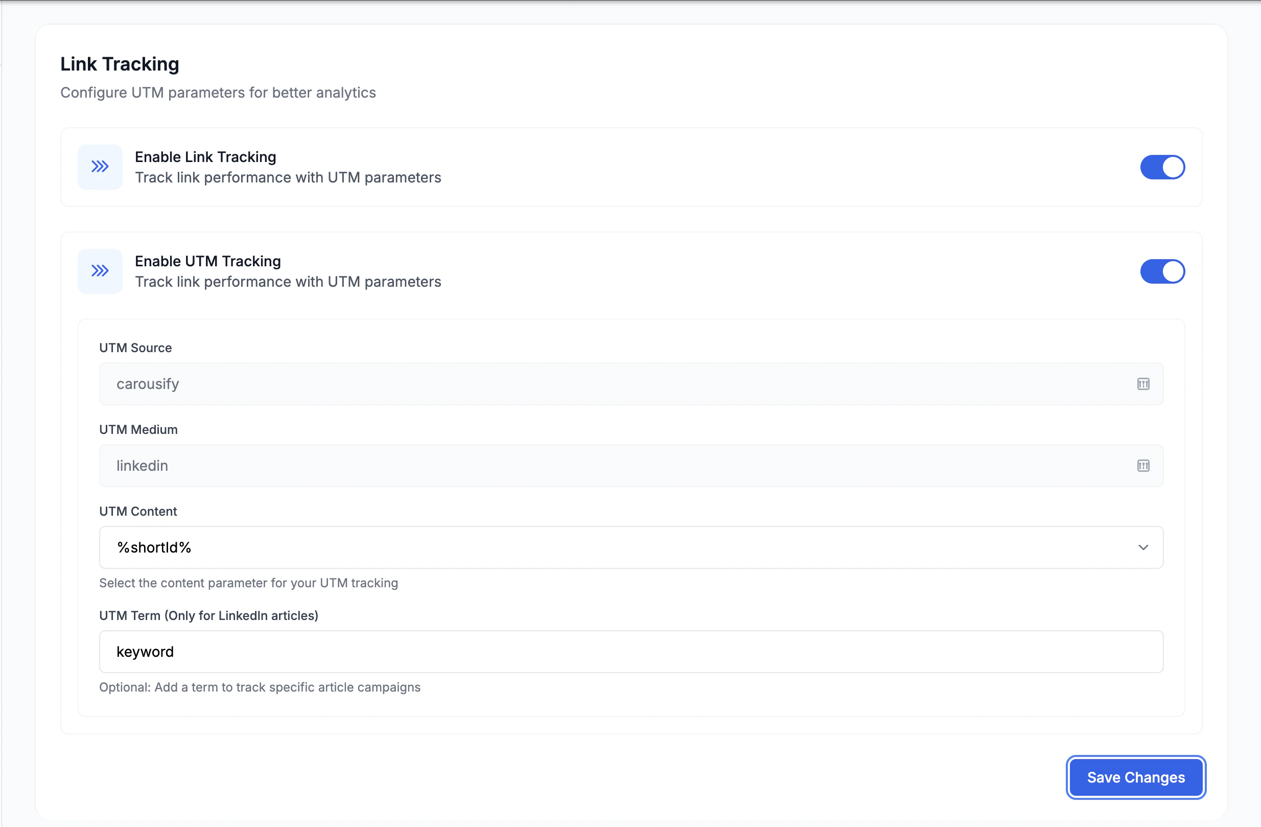 Link Tracking settings showing Enable Link Tracking and Enable UTM Tracking toggles with UTM Source, Medium, Content, and Term fields
