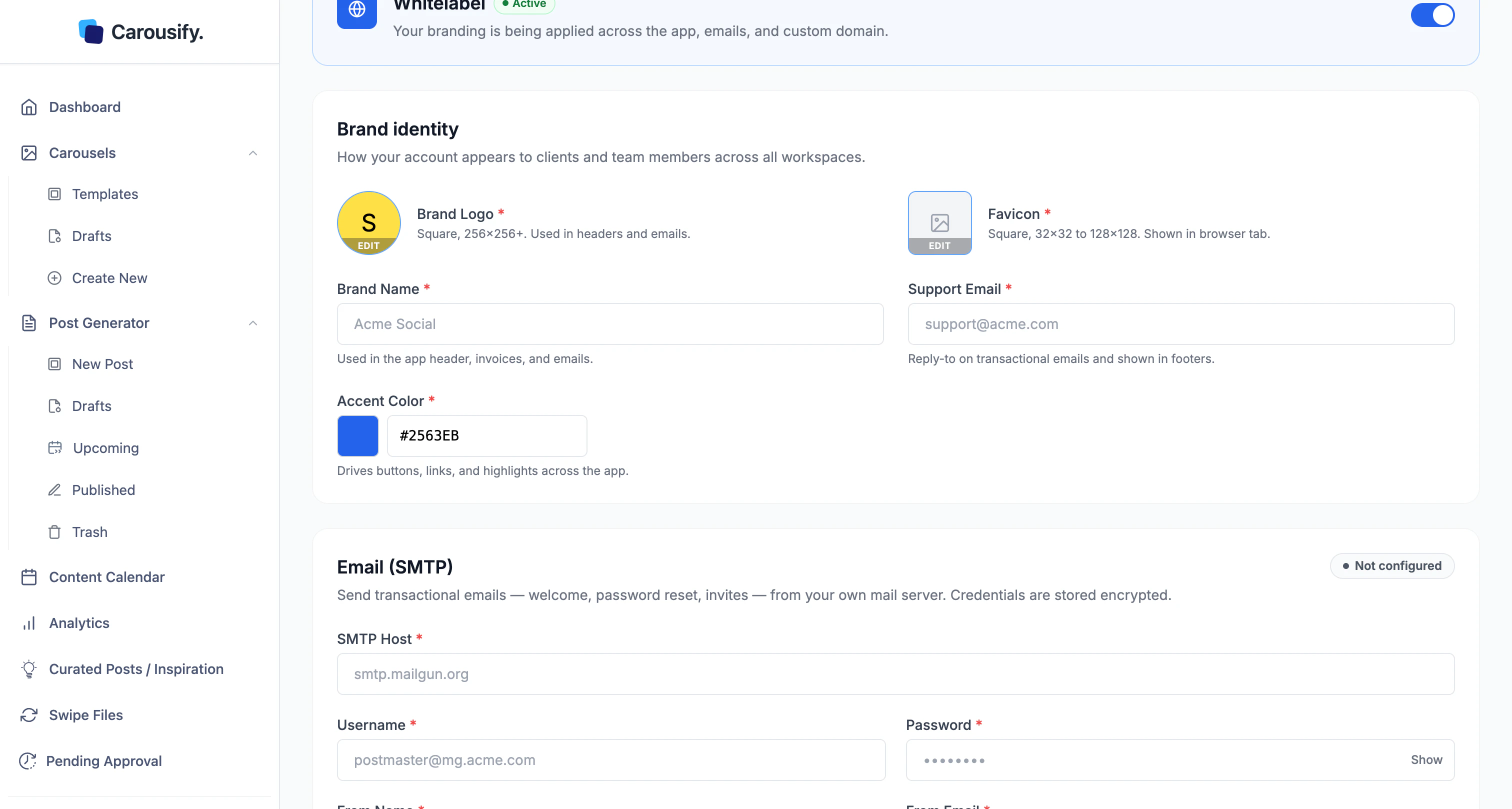 Brand identity section of the Carousify Whitelabeling page showing Brand Logo, Favicon, Brand Name, Support Email, and Accent Color fields