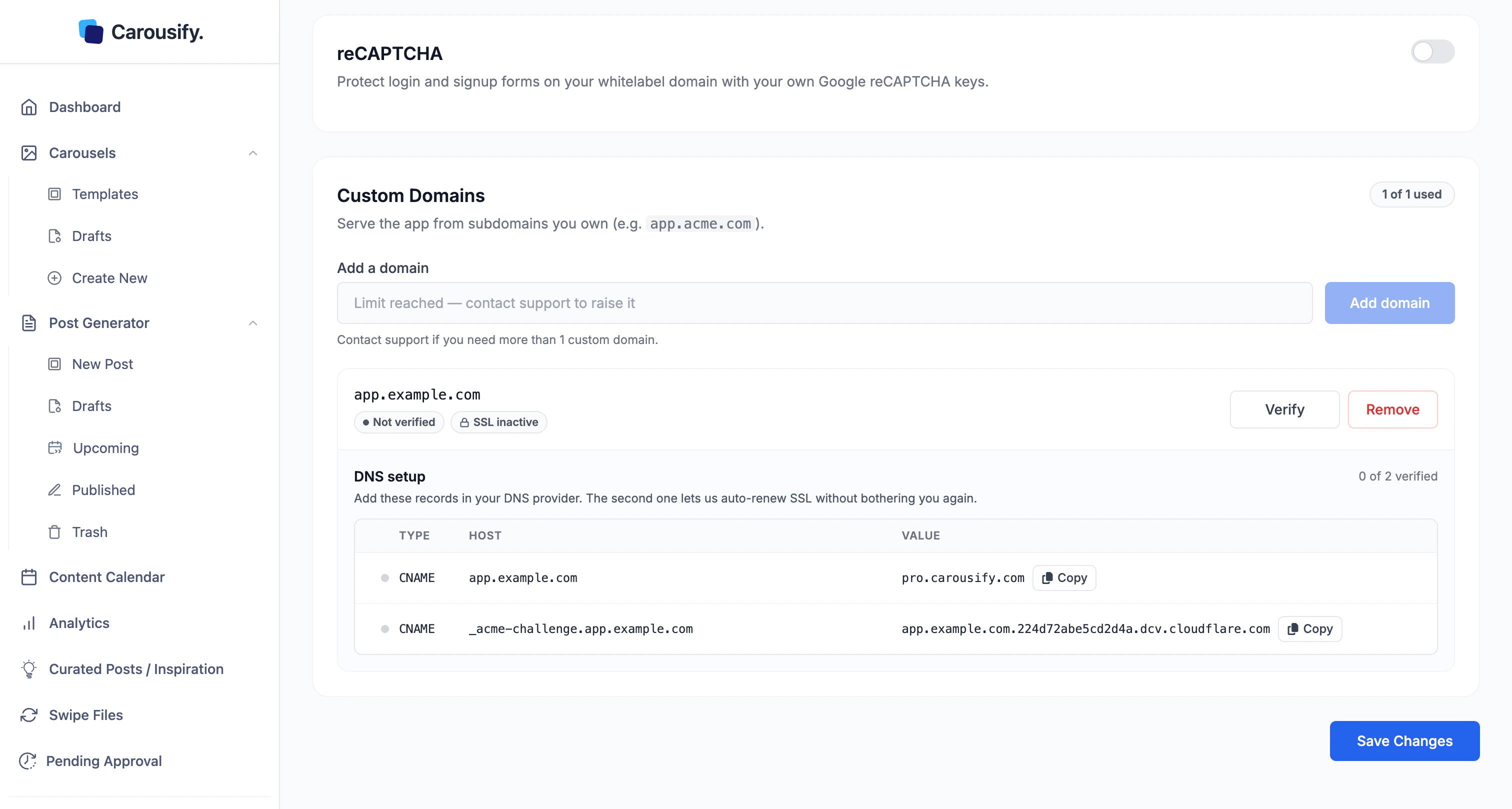 DNS setup table showing two CNAME records — a routing record pointing at pro.carousify.com and an _acme-challenge record for SSL