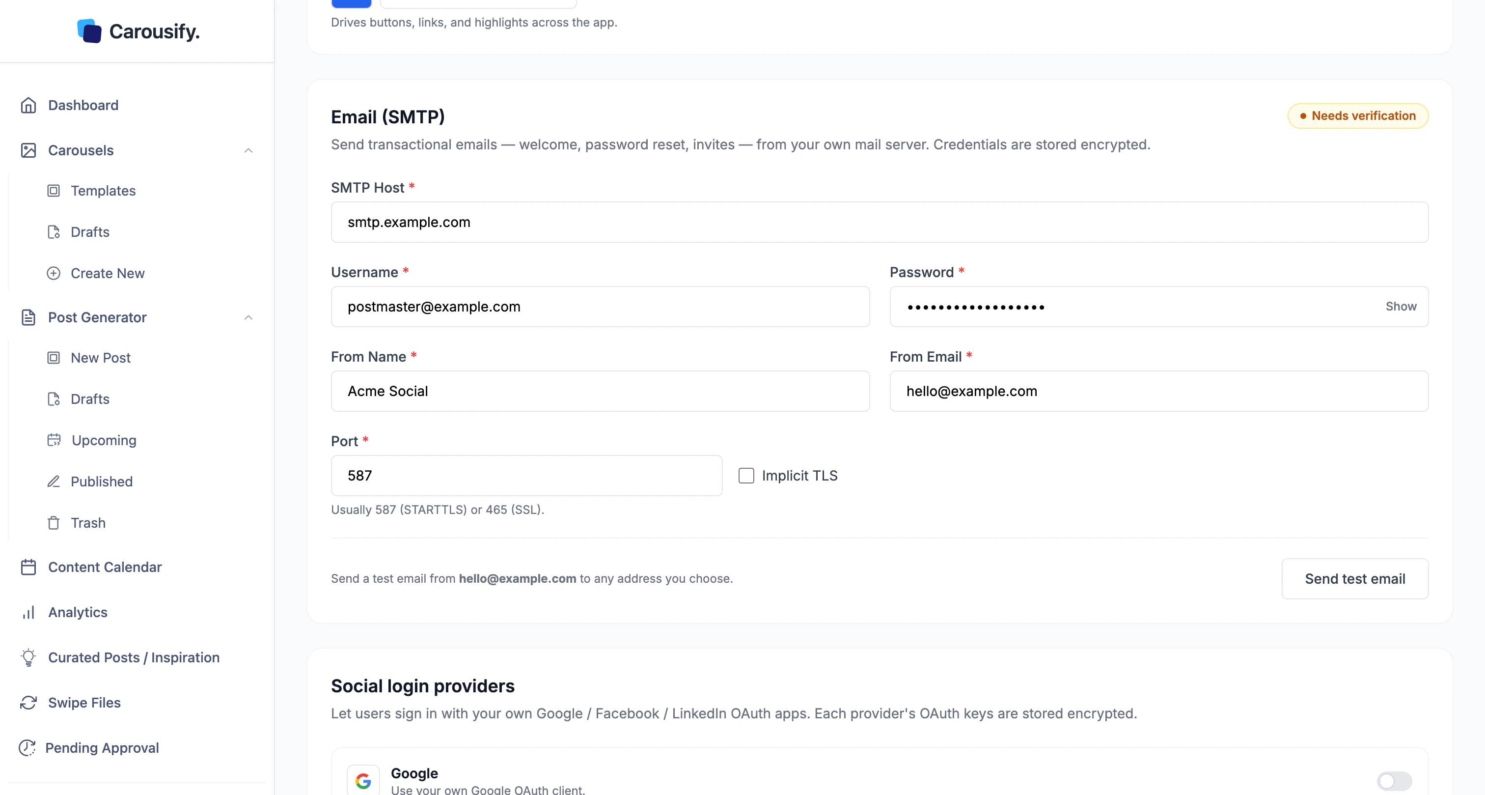 Email (SMTP) section of the Carousify Whitelabeling page