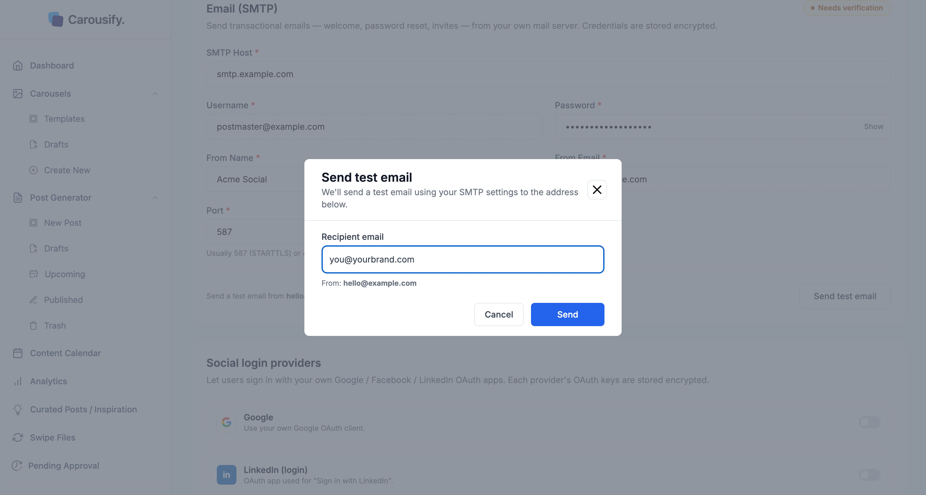 Send test email dialog with a recipient field and the From address