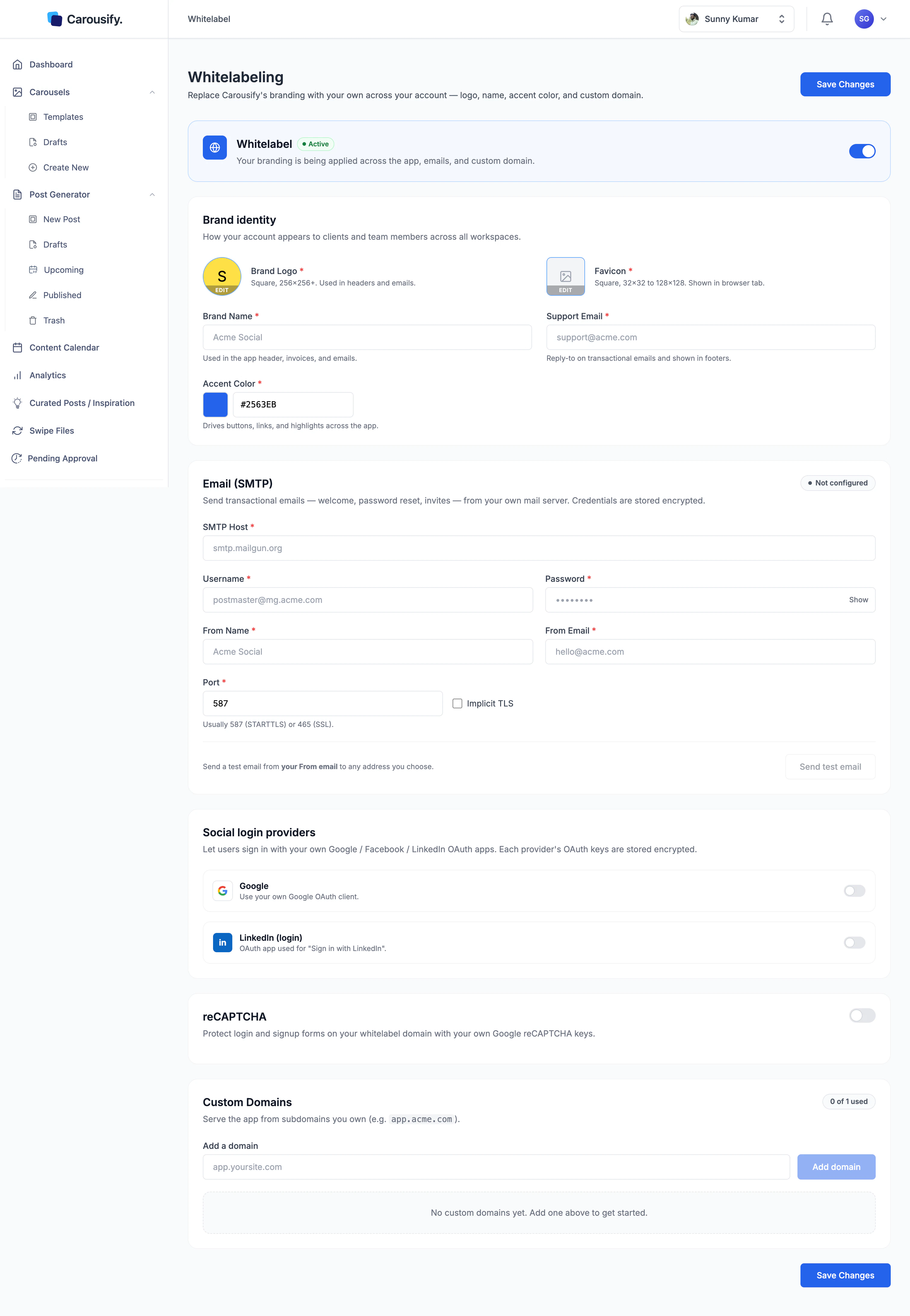 Carousify Whitelabeling page with the toggle Active, showing Brand identity, Email (SMTP), Social login providers, reCAPTCHA, and Custom Domains sections