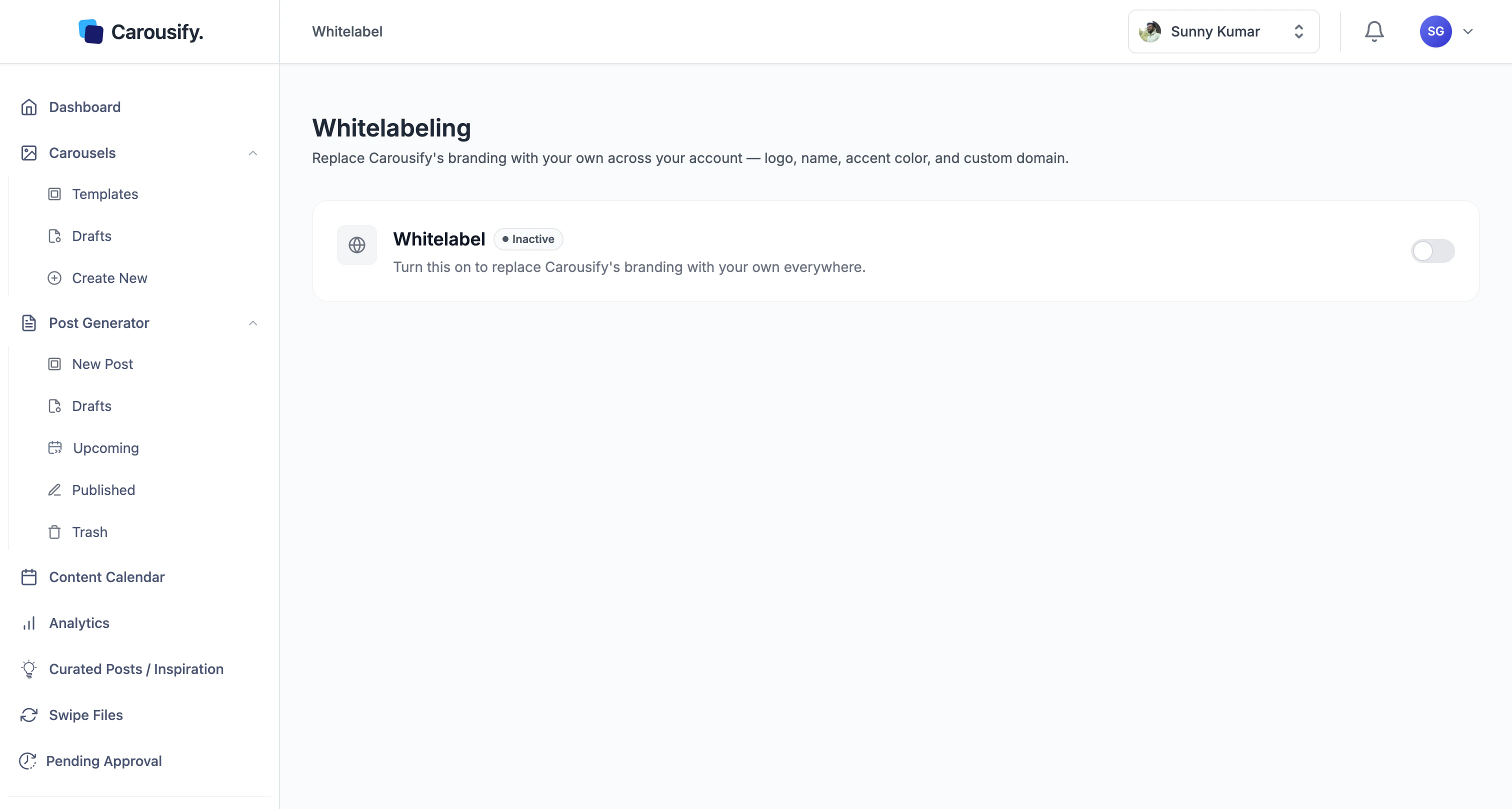 Carousify Whitelabeling page with the master Whitelabel toggle set to Inactive