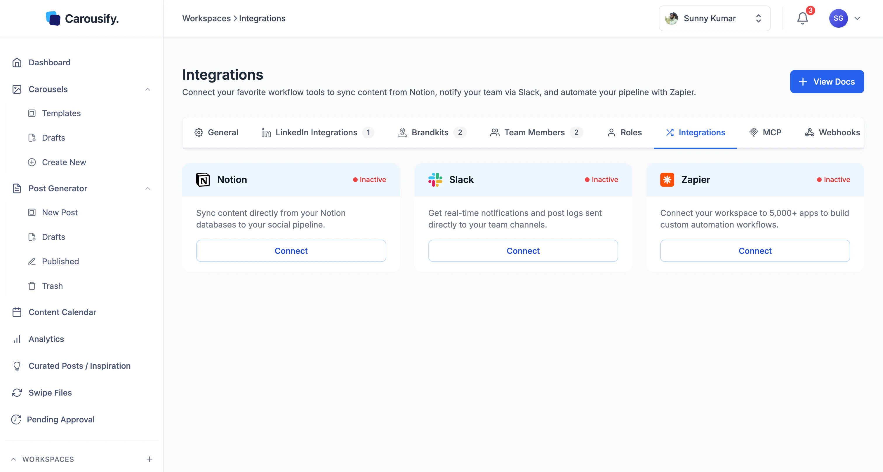 Workspace Integrations page showing Notion, Slack, and Zapier with Connect buttons