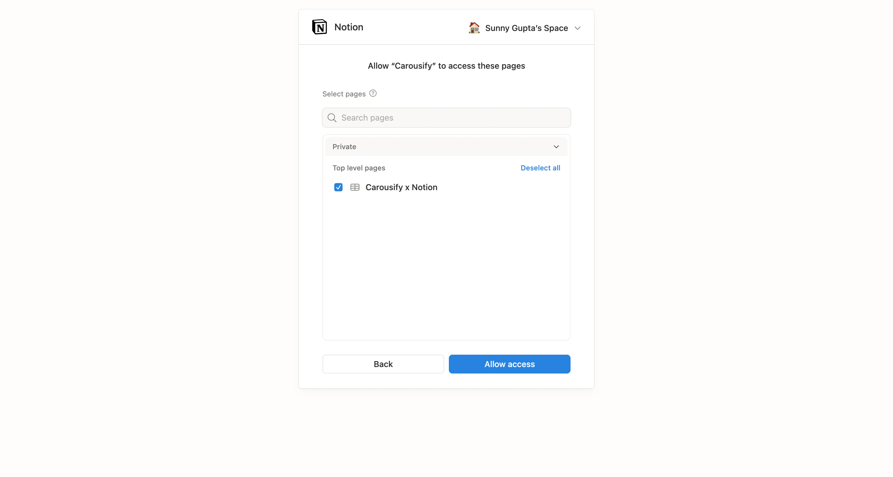 Notion Allow access screen with Carousify x Notion selected