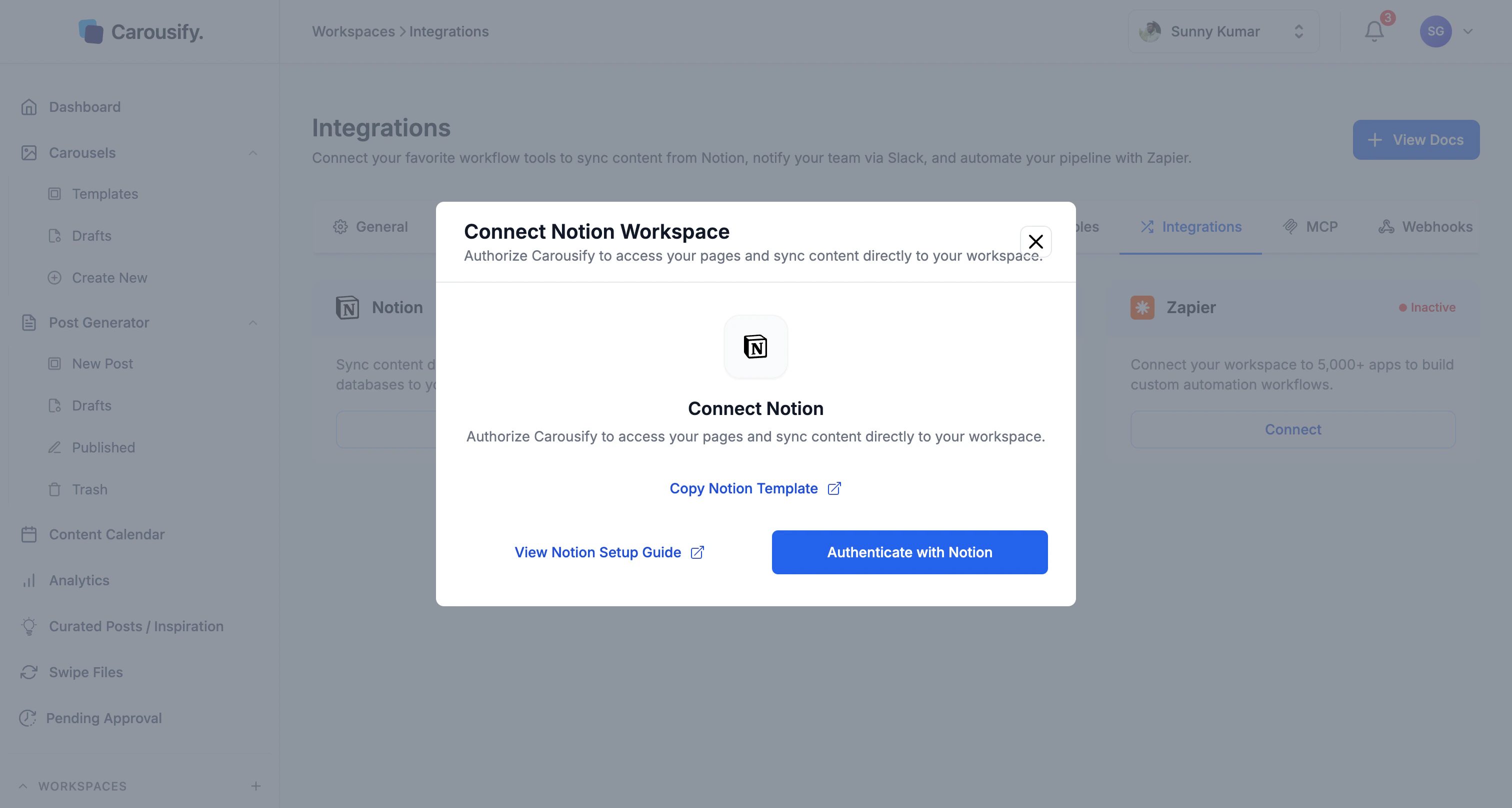 Carousify Connect Notion modal with Copy Notion Template, View Notion Setup Guide, and Authenticate with Notion buttons