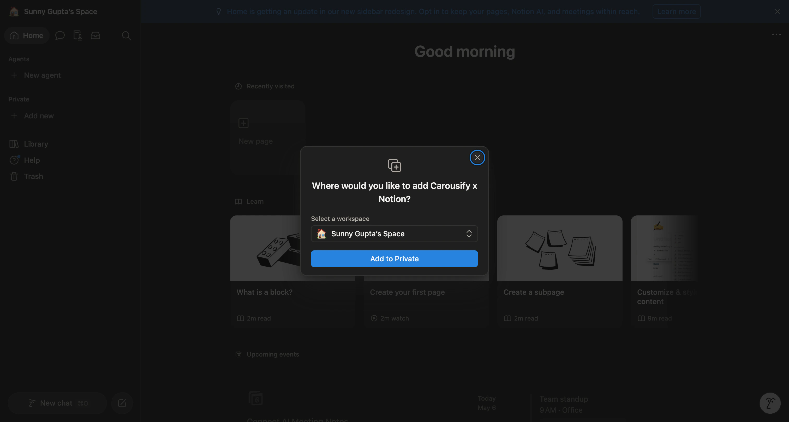 Notion Duplicate template modal asking which workspace to add Carousify x Notion to