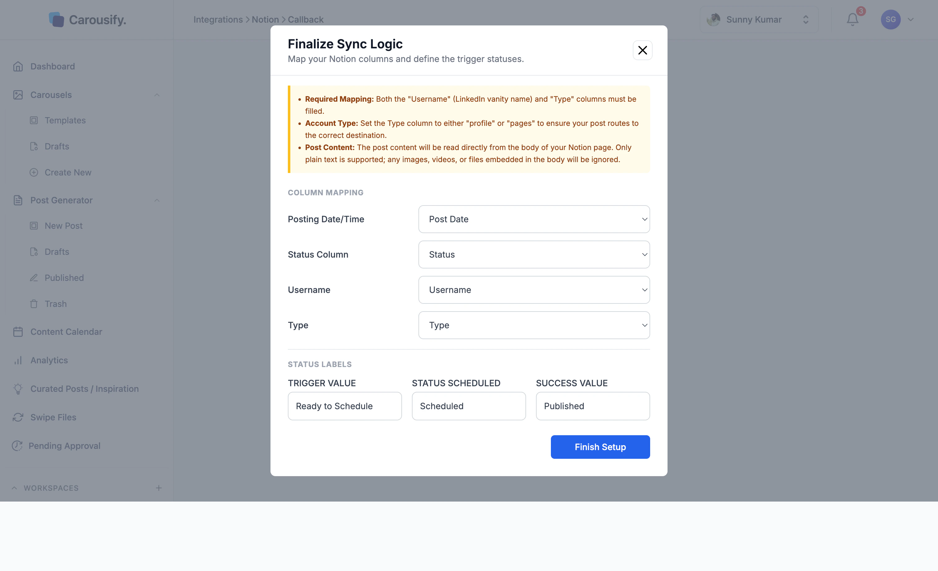 Carousify Finalize Sync Logic screen with column mapping and status labels filled in
