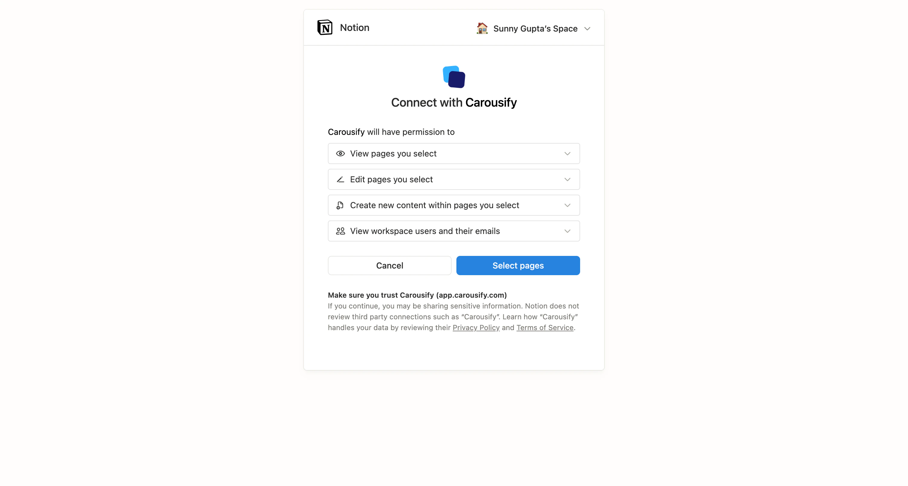 Notion OAuth Connect with Carousify screen listing the requested permissions