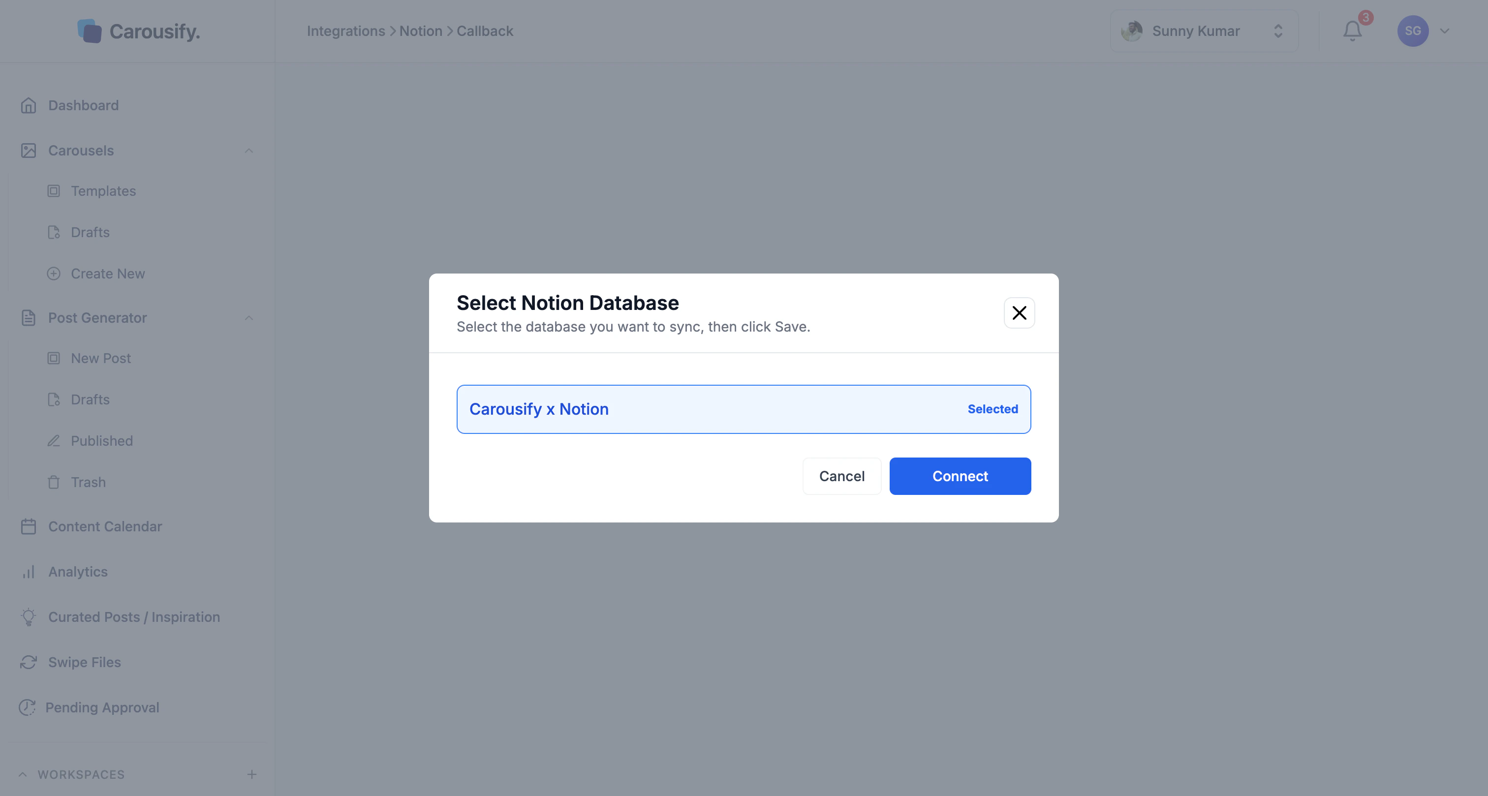 Carousify Select Notion Database screen with Carousify x Notion selected