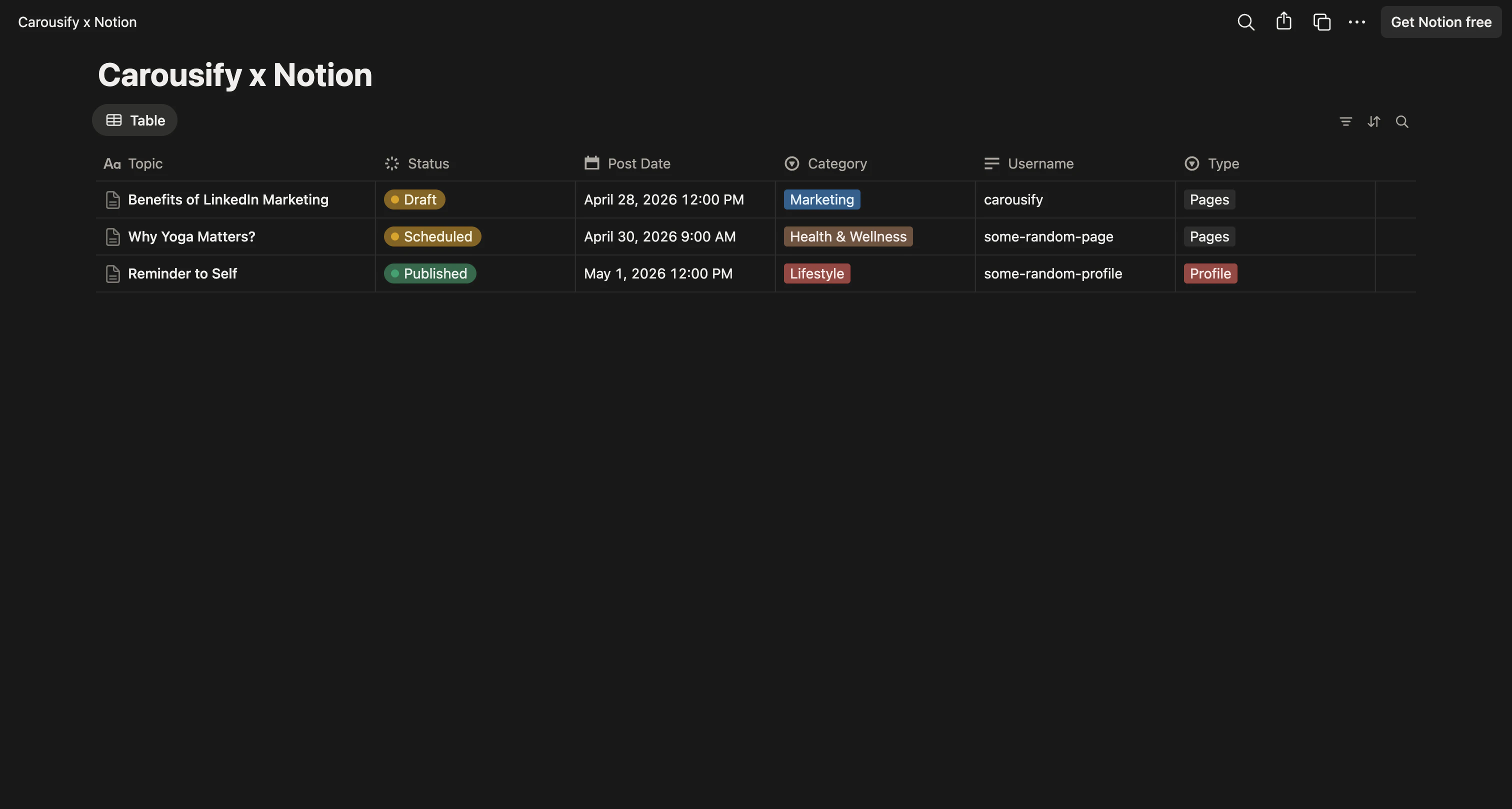 Carousify x Notion public template with Topic, Status, Post Date, Category, Username, and Type columns