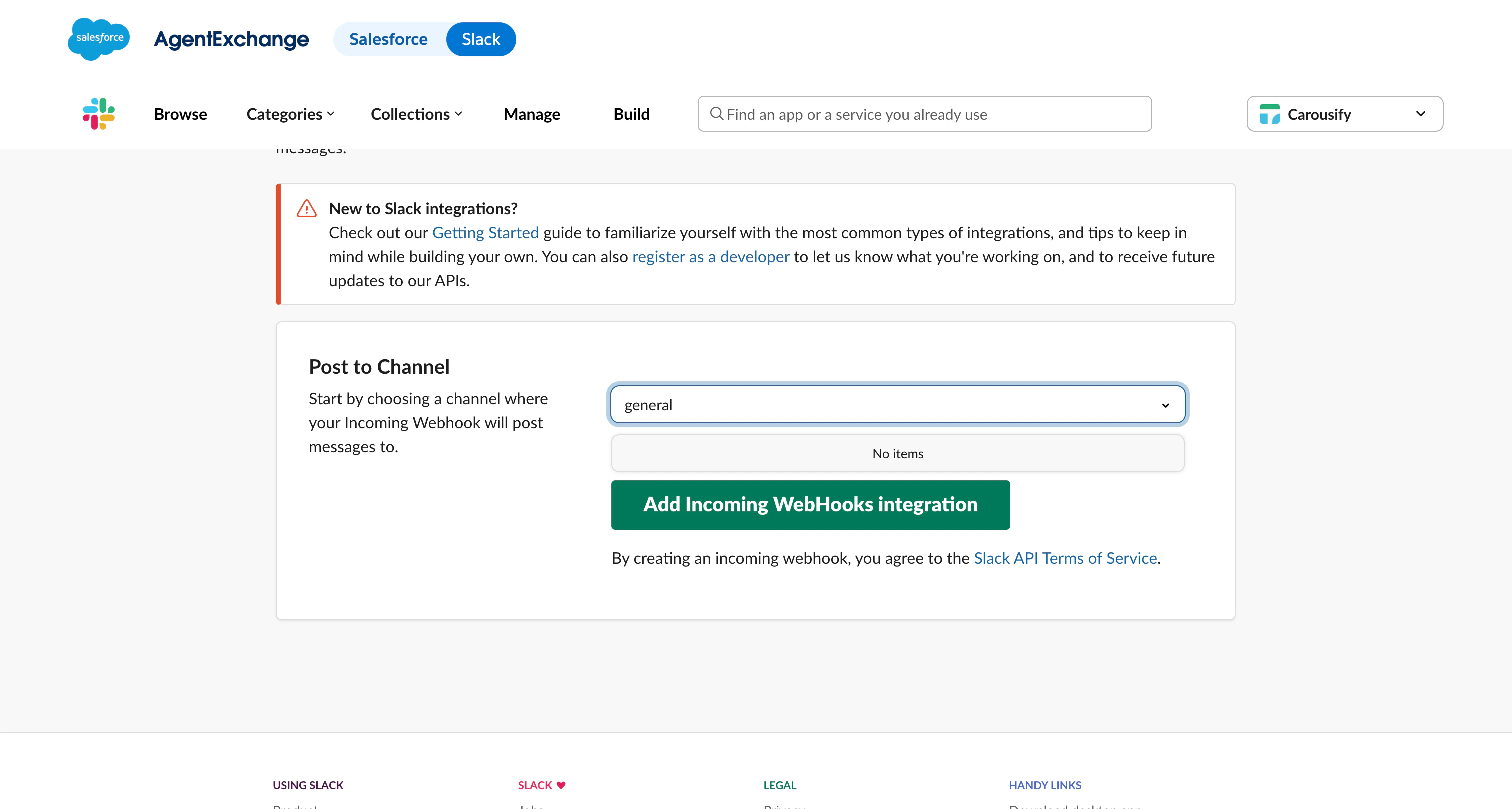 Slack Post to Channel picker showing available channels in a dropdown