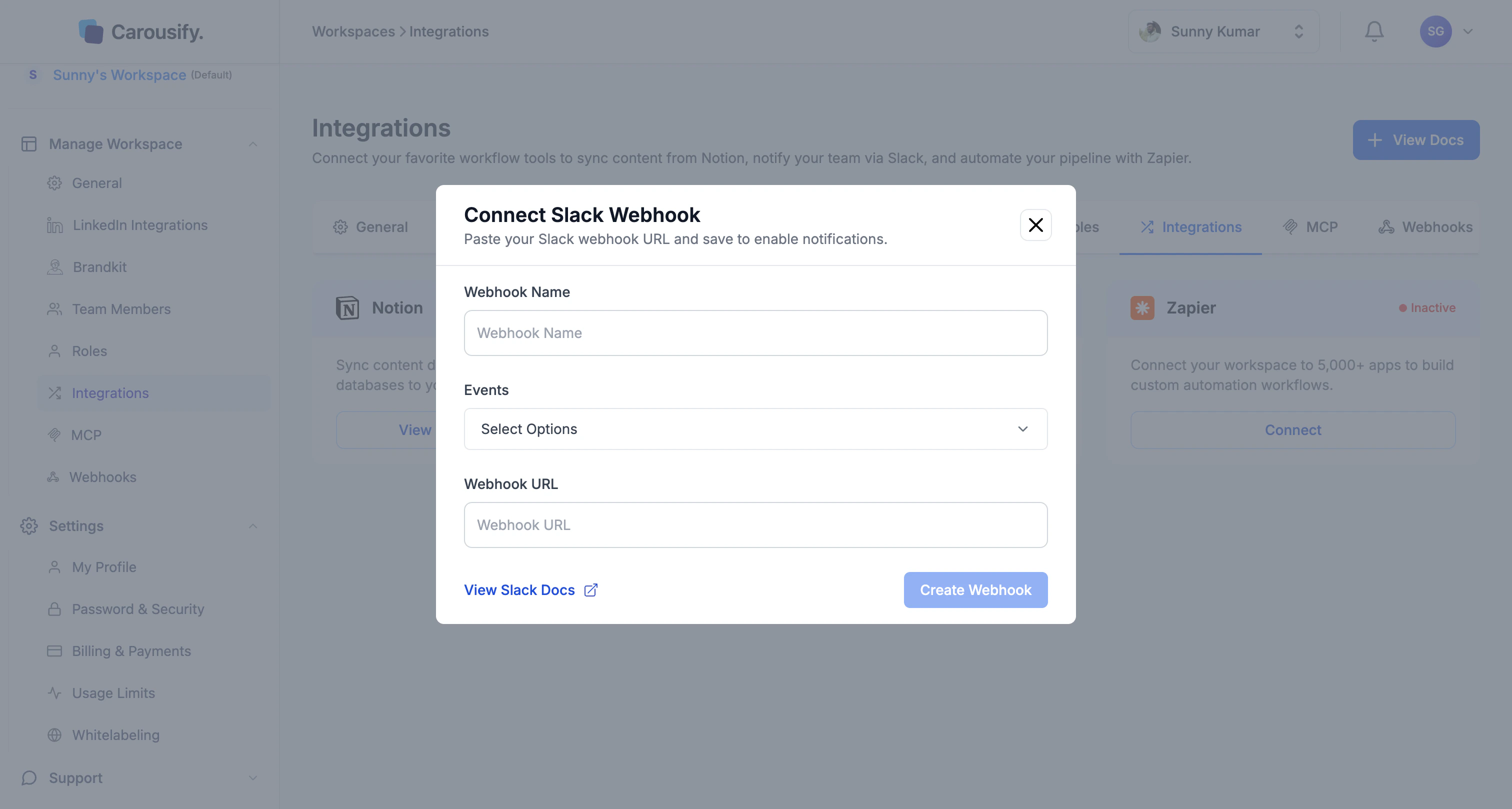 Carousify Connect Slack Webhook modal with Webhook Name, Events, and Webhook URL fields