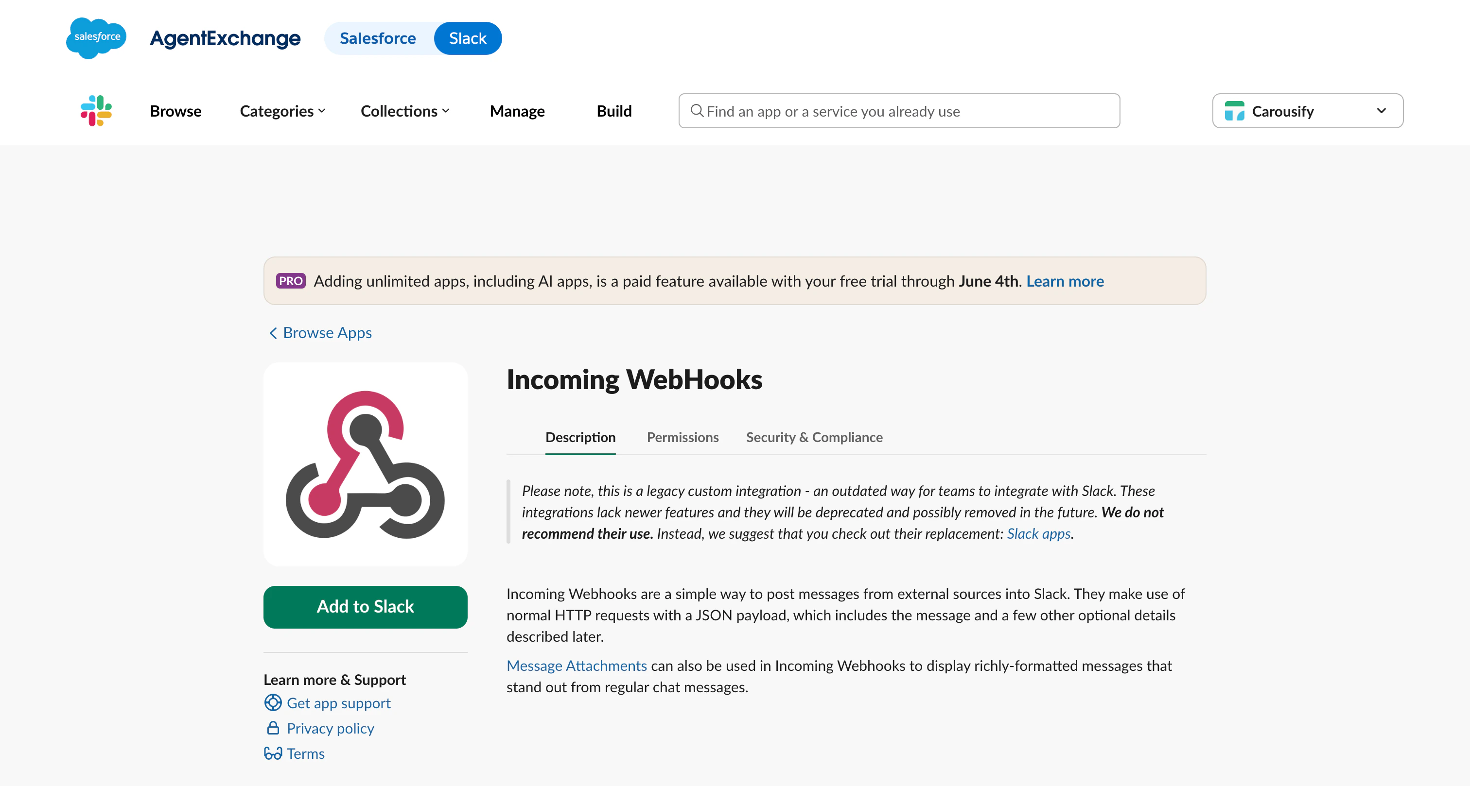 Slack marketplace page for the Incoming WebHooks app with an Add to Slack button
