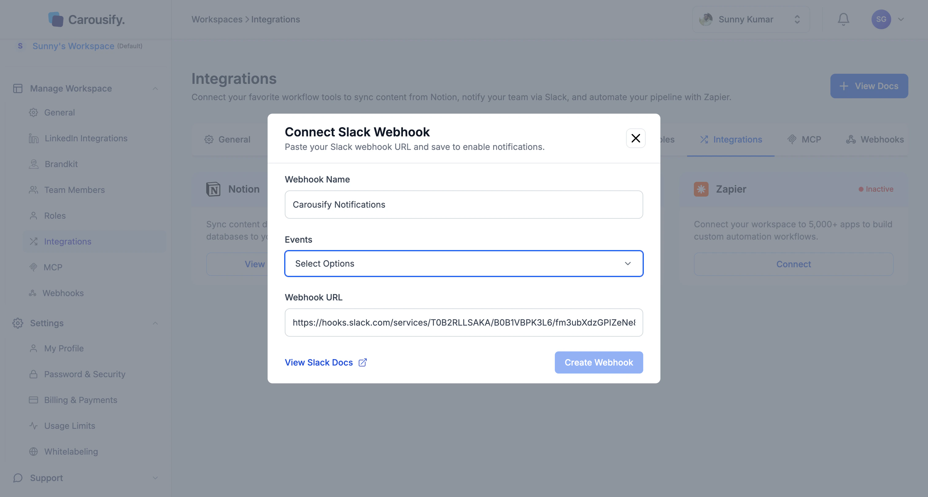 Carousify Connect Slack Webhook modal filled in with name, events, and the pasted webhook URL