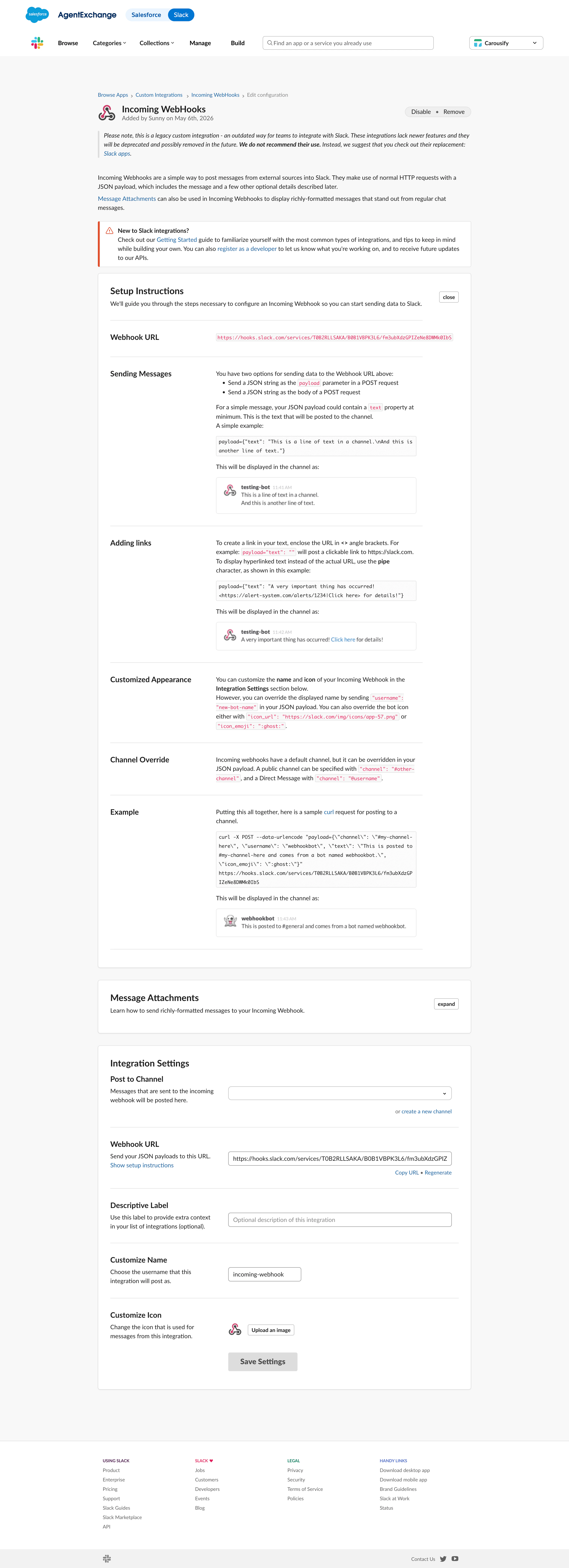 Slack Incoming Webhooks configuration page showing the generated webhook URL