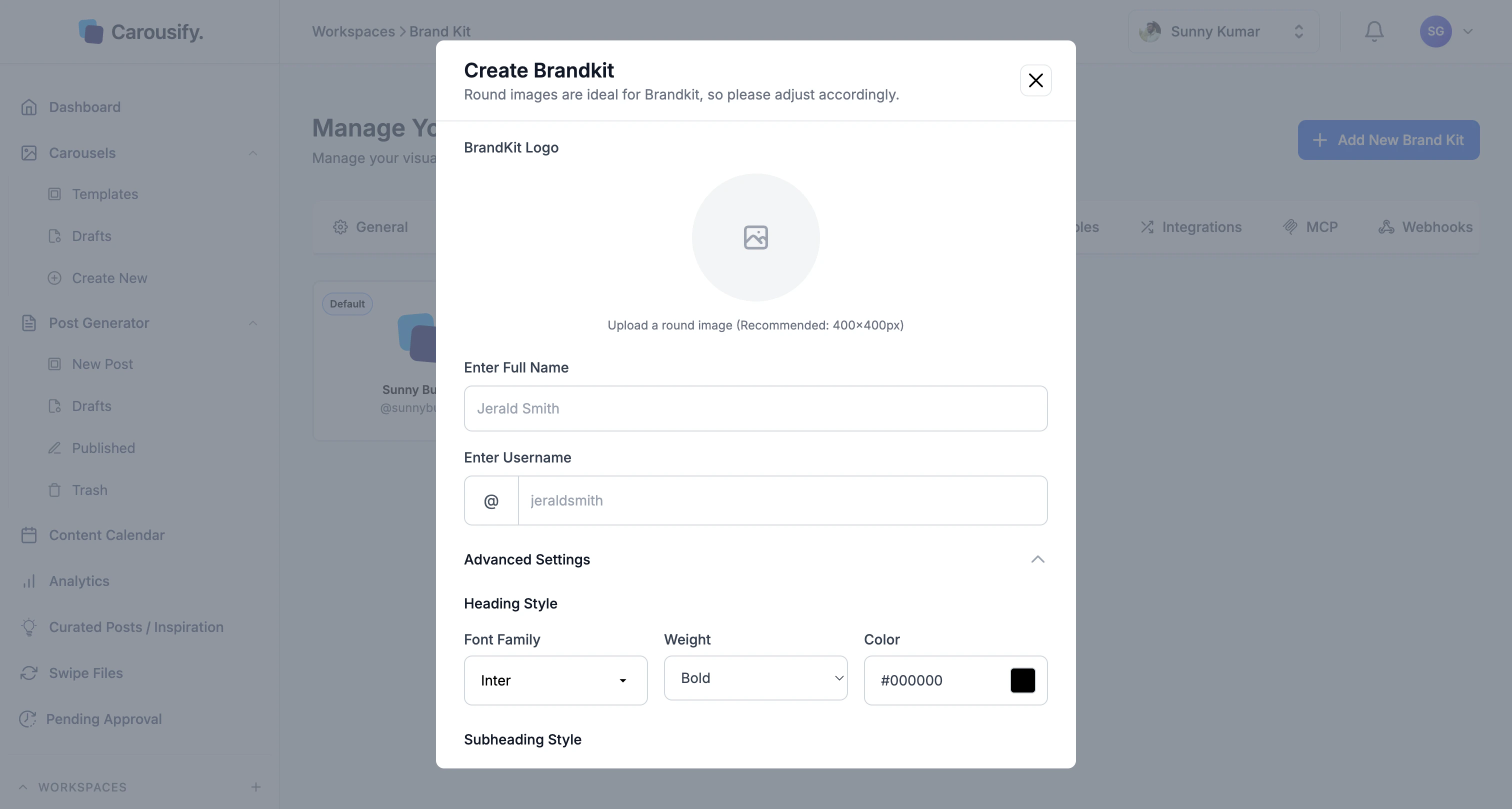 Advanced Settings expanded inside the Brand Kit modal showing Heading Style options