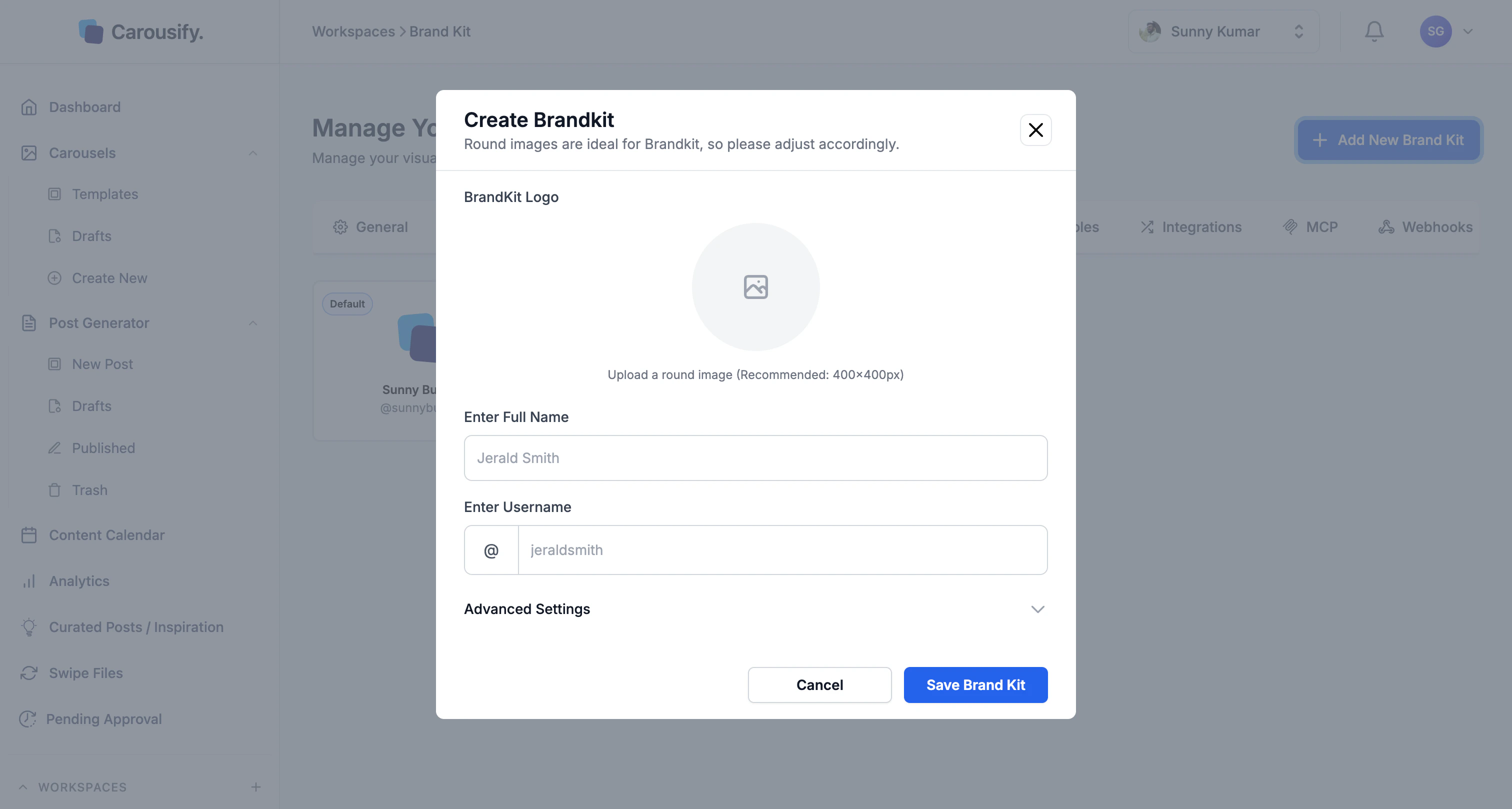 Create Brandkit modal with logo, full name, and username fields