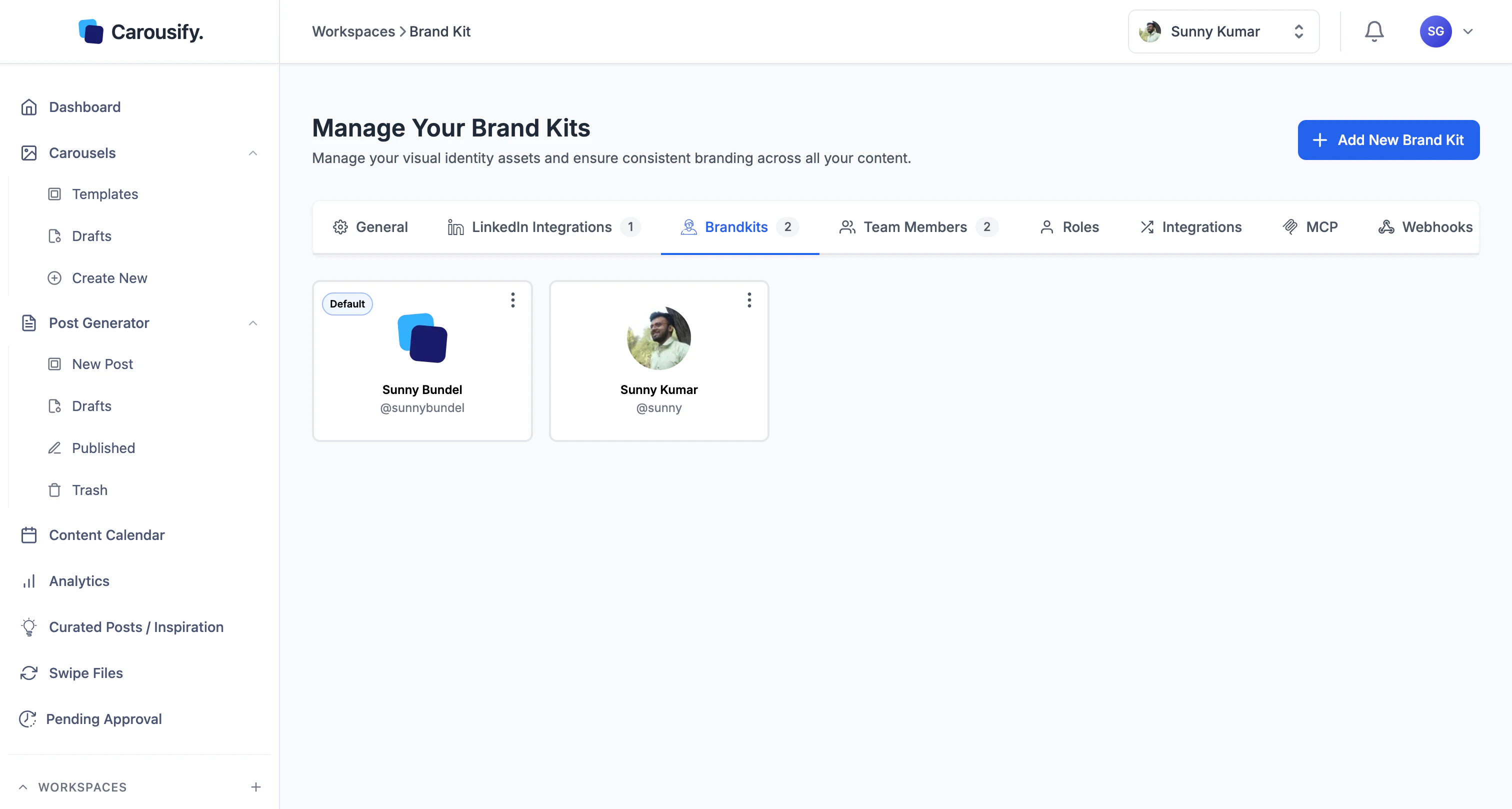Workspace Brand Kit page listing every brand kit with a Default tag on one