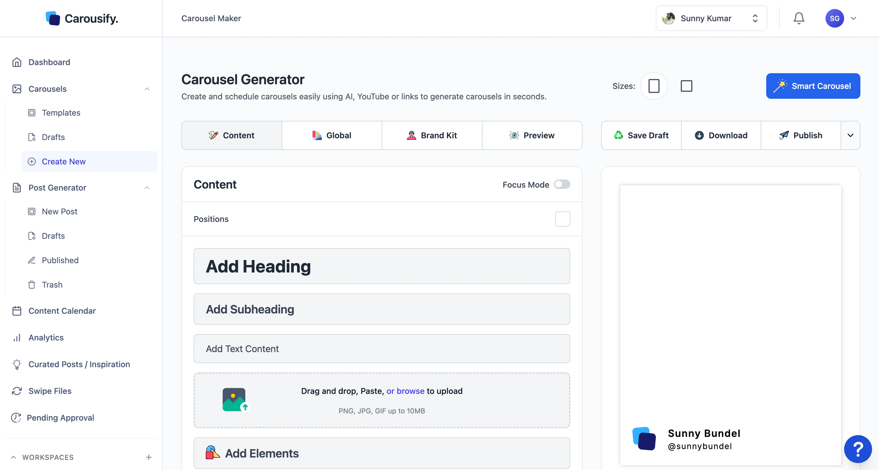Carousify Carousel Maker with a fresh blank deck — Content tab on the left and an empty slide preview on the right