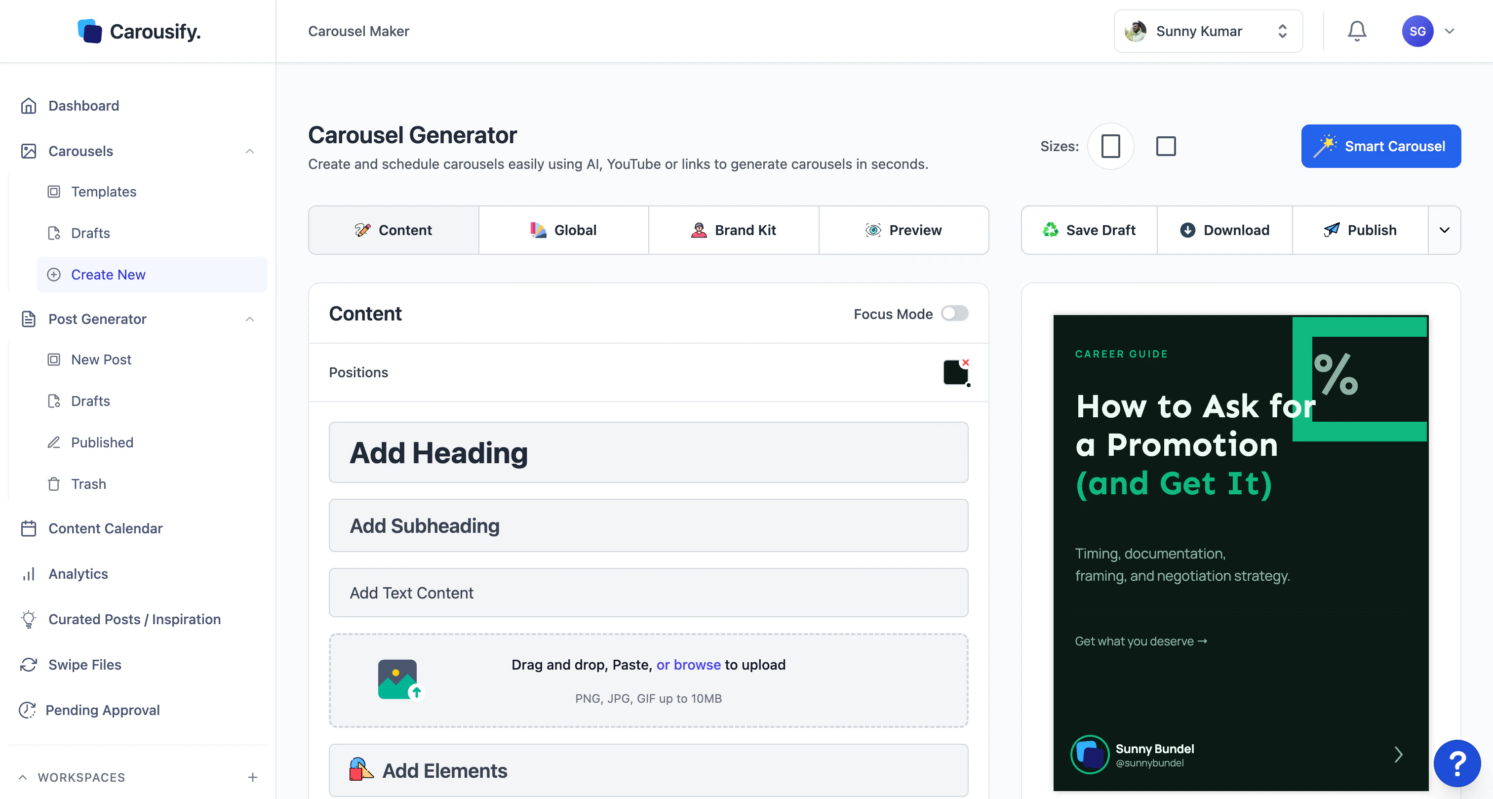 Carousify Carousel Maker editor with Content, Global, Brand Kit, and Preview tabs and a slide preview on the right