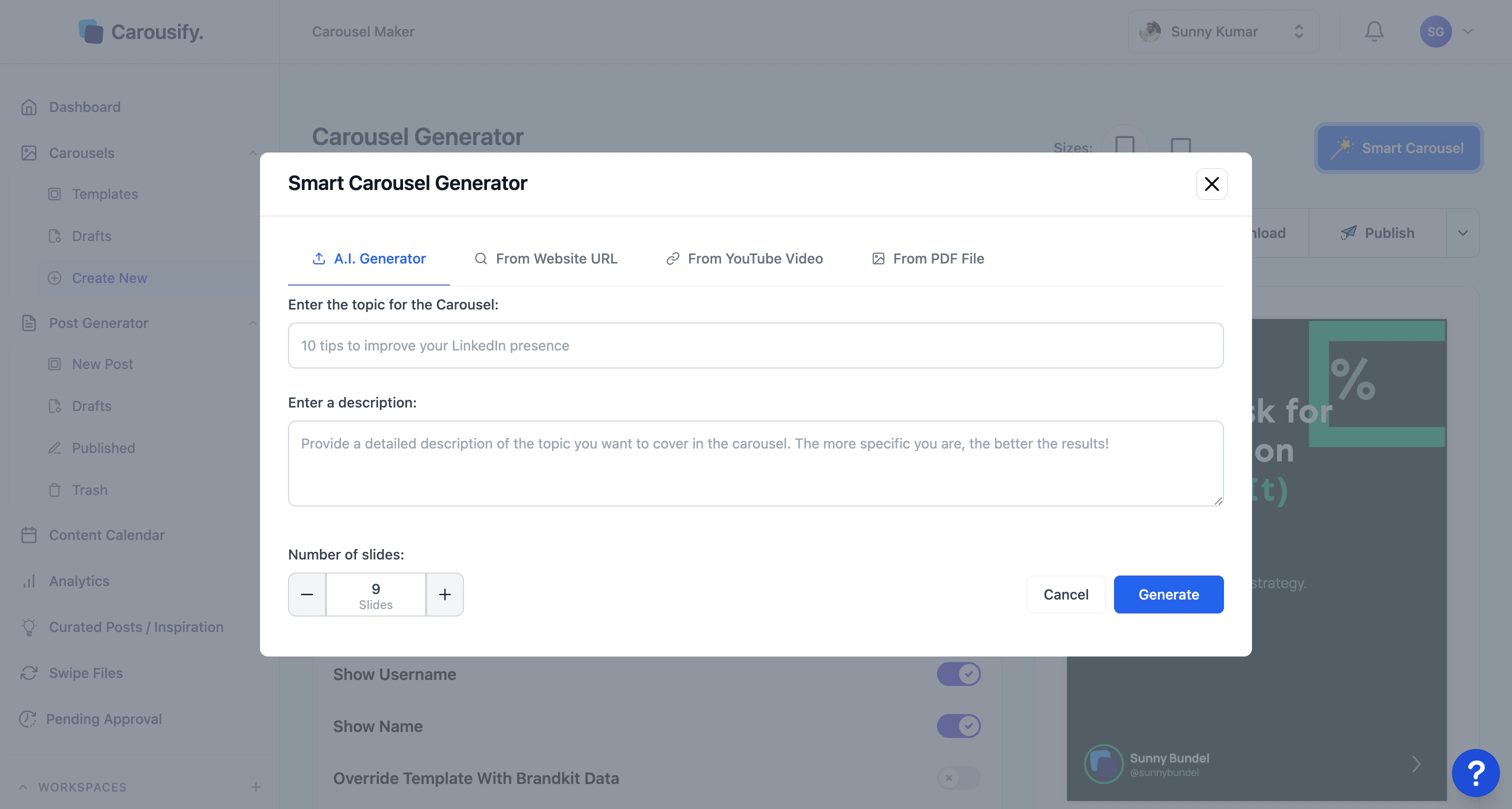 Smart Carousel Generator modal with four tabs and the A.I. Generator selected