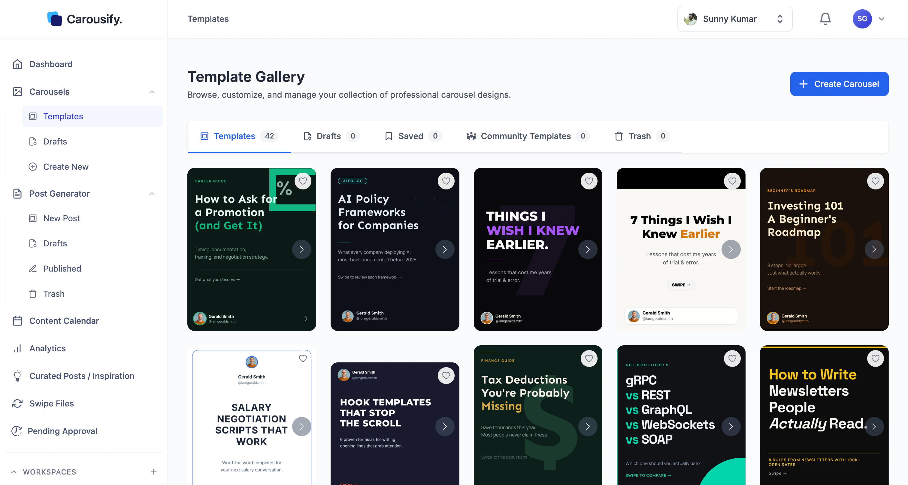 Carousify Template Gallery with carousel thumbnails laid out in a grid