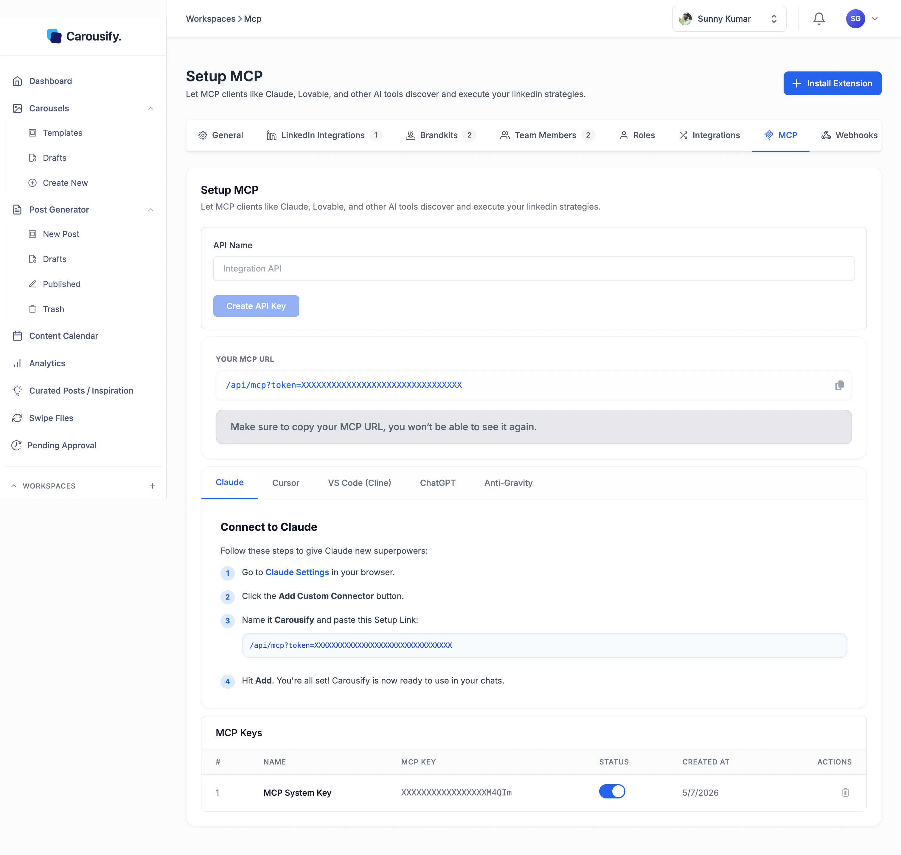 Carousify MCP page after enabling, showing the MCP URL and a Claude setup tab