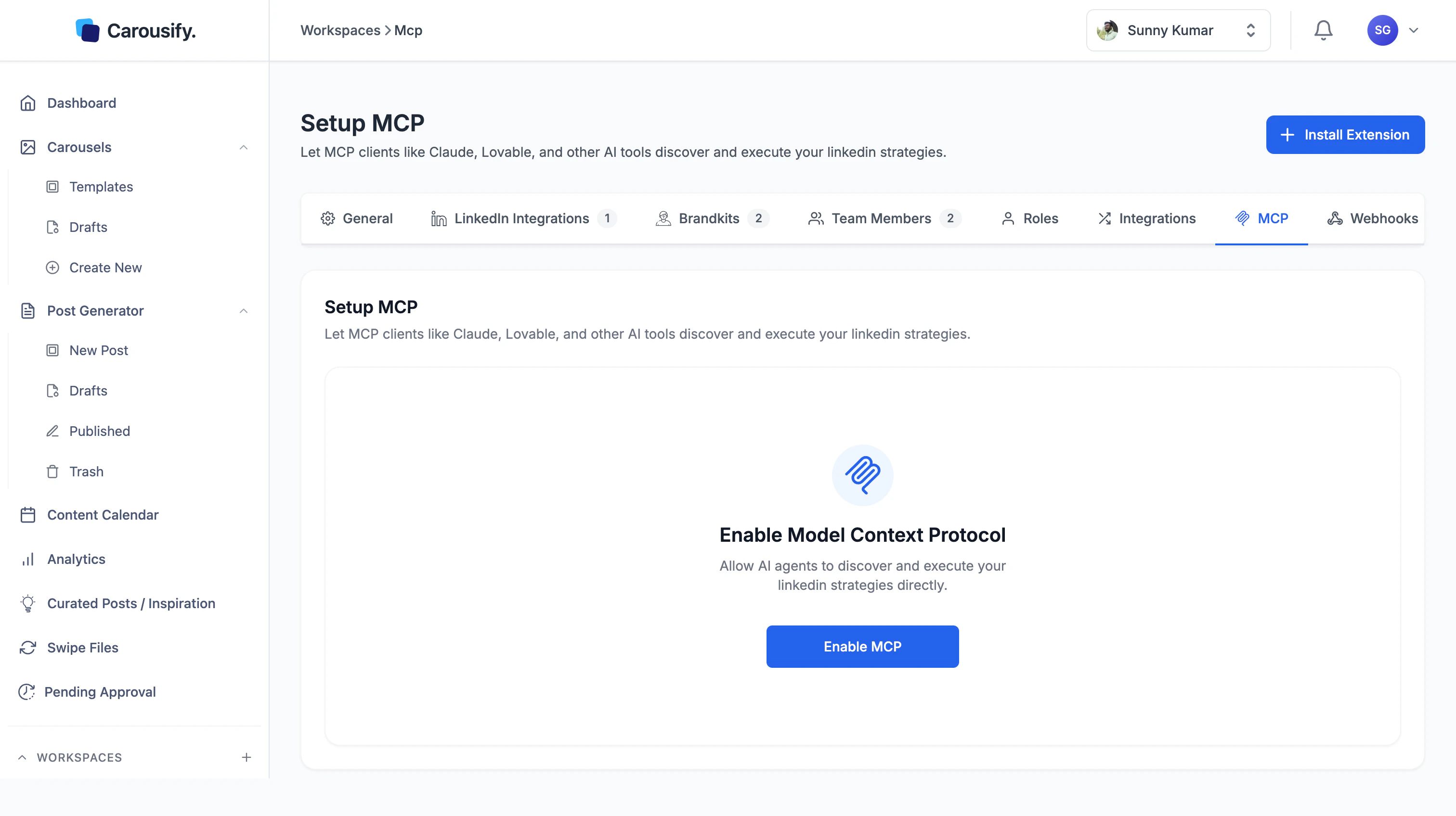 Carousify Setup MCP page with Enable MCP button