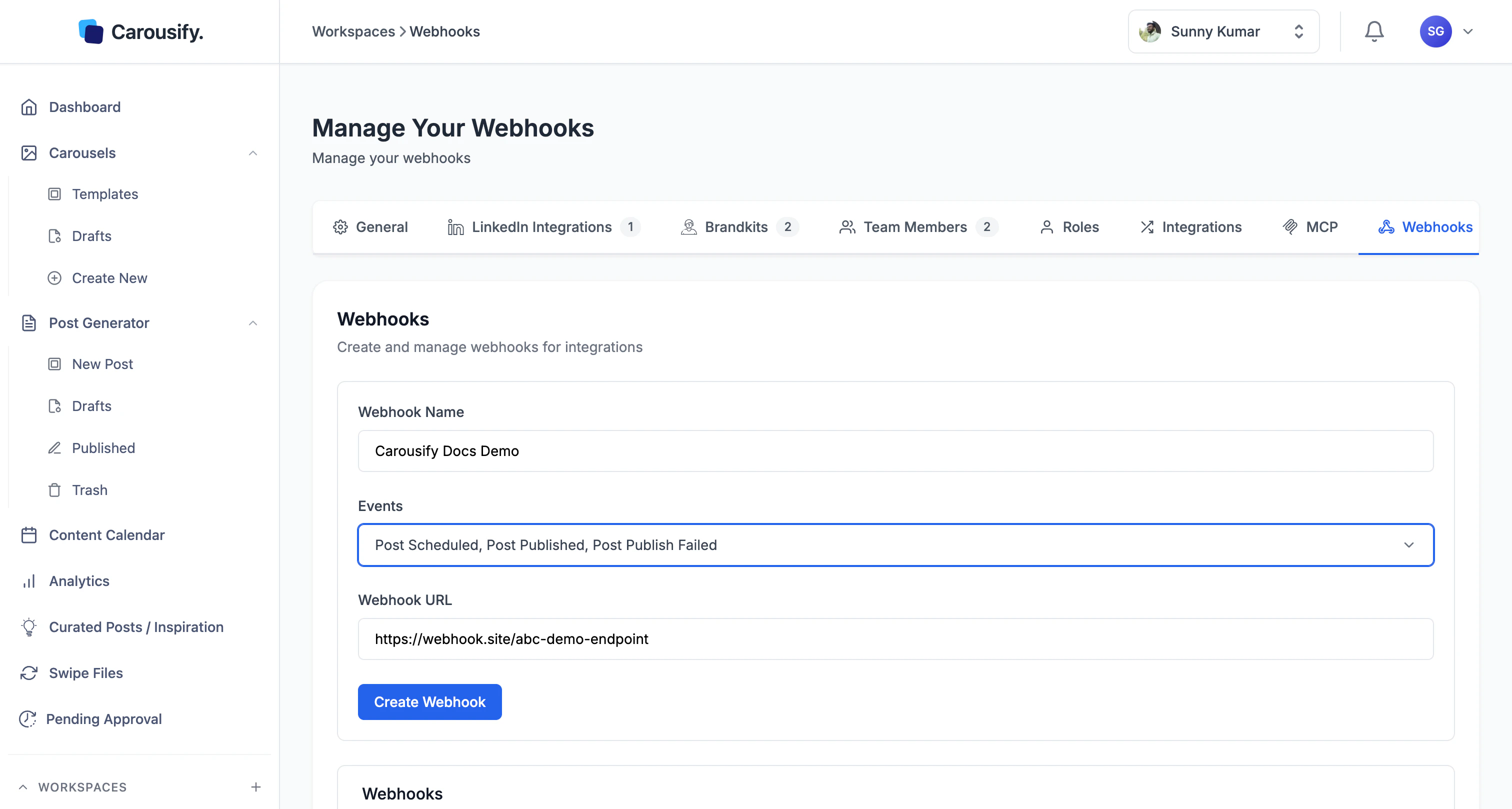 Webhook form filled in with name, events selected, and a URL