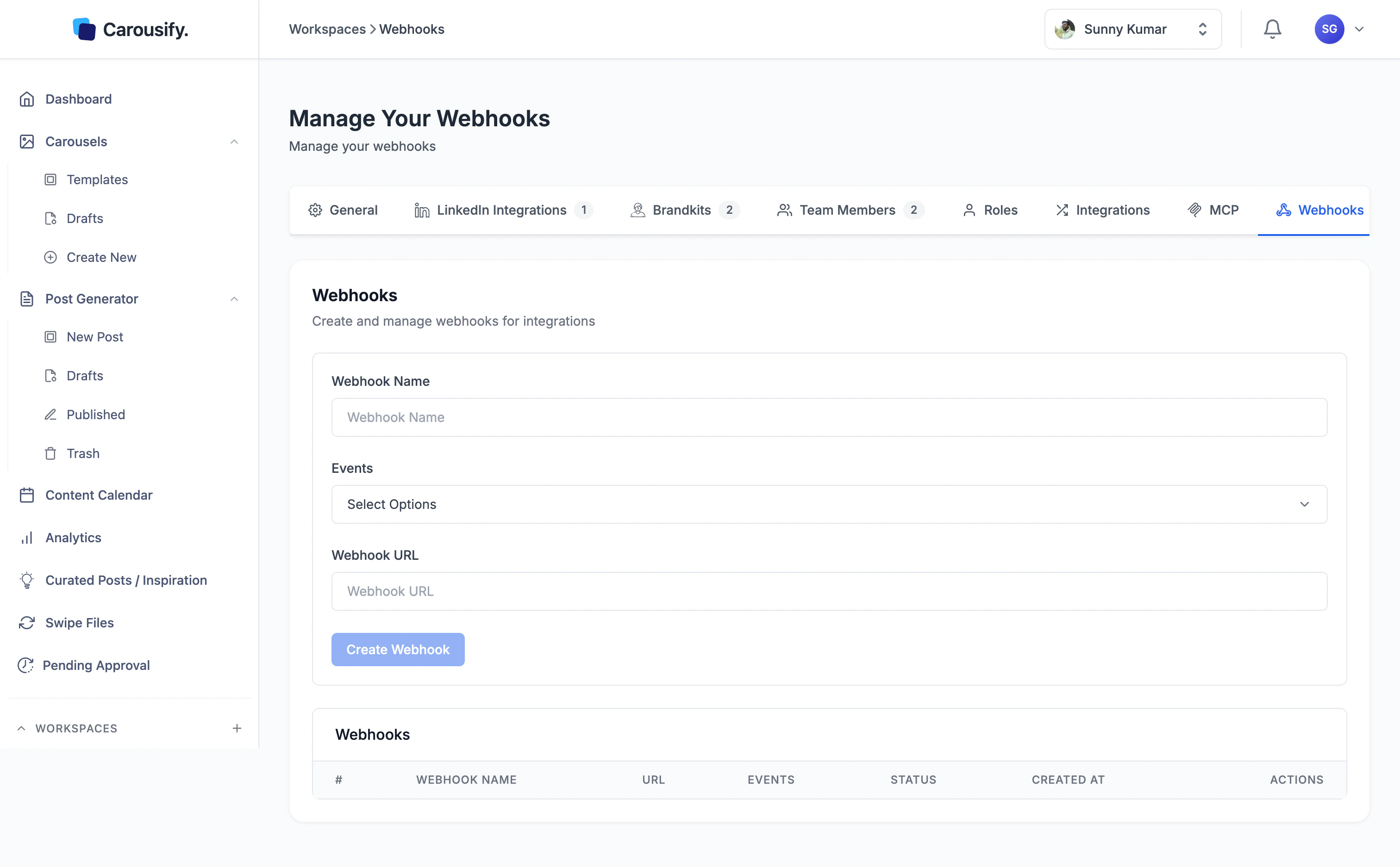 Carousify Webhooks page with empty form and empty webhooks table