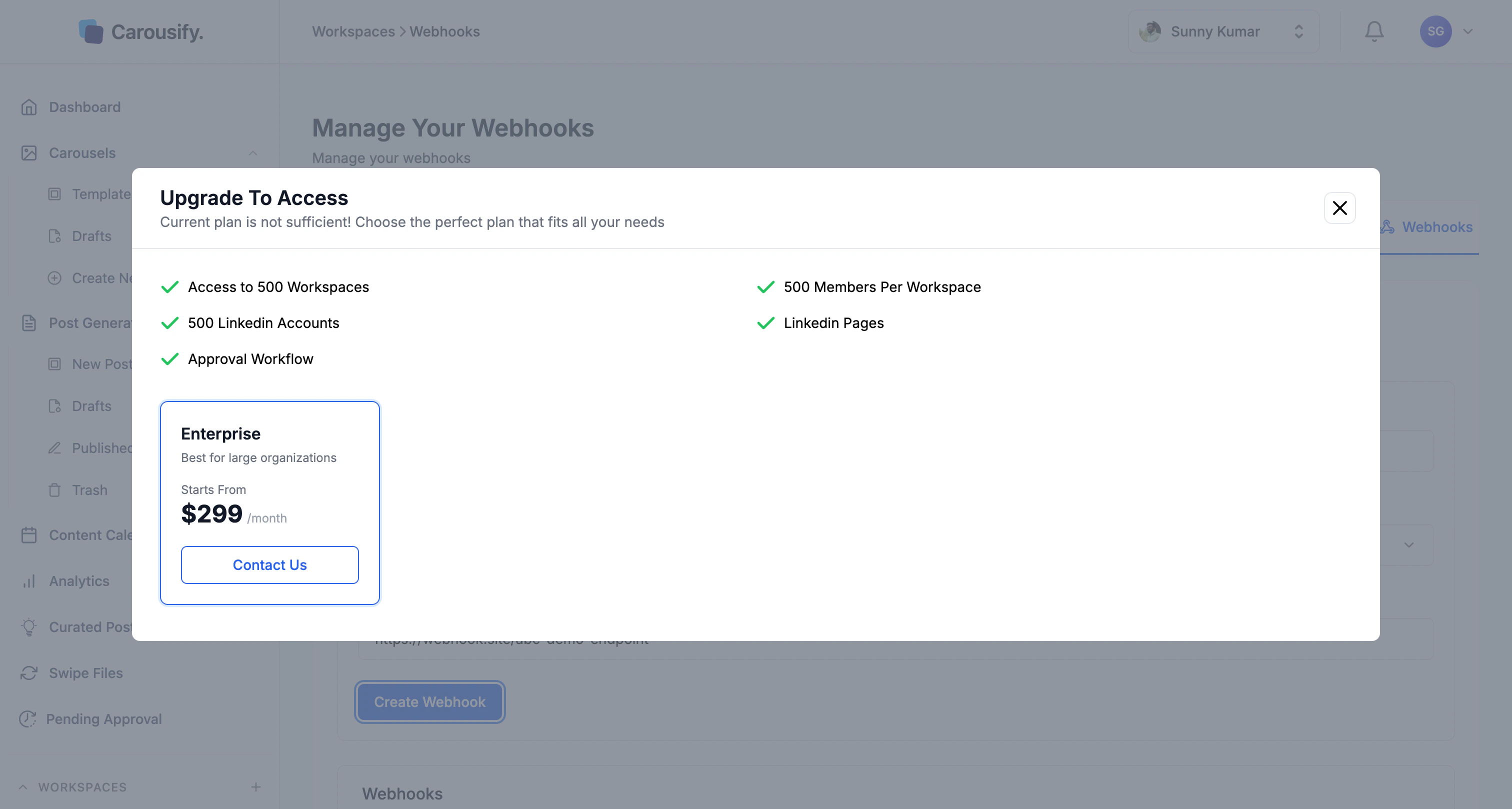 Carousify Upgrade To Access modal shown when creating a webhook on a non-Enterprise plan
