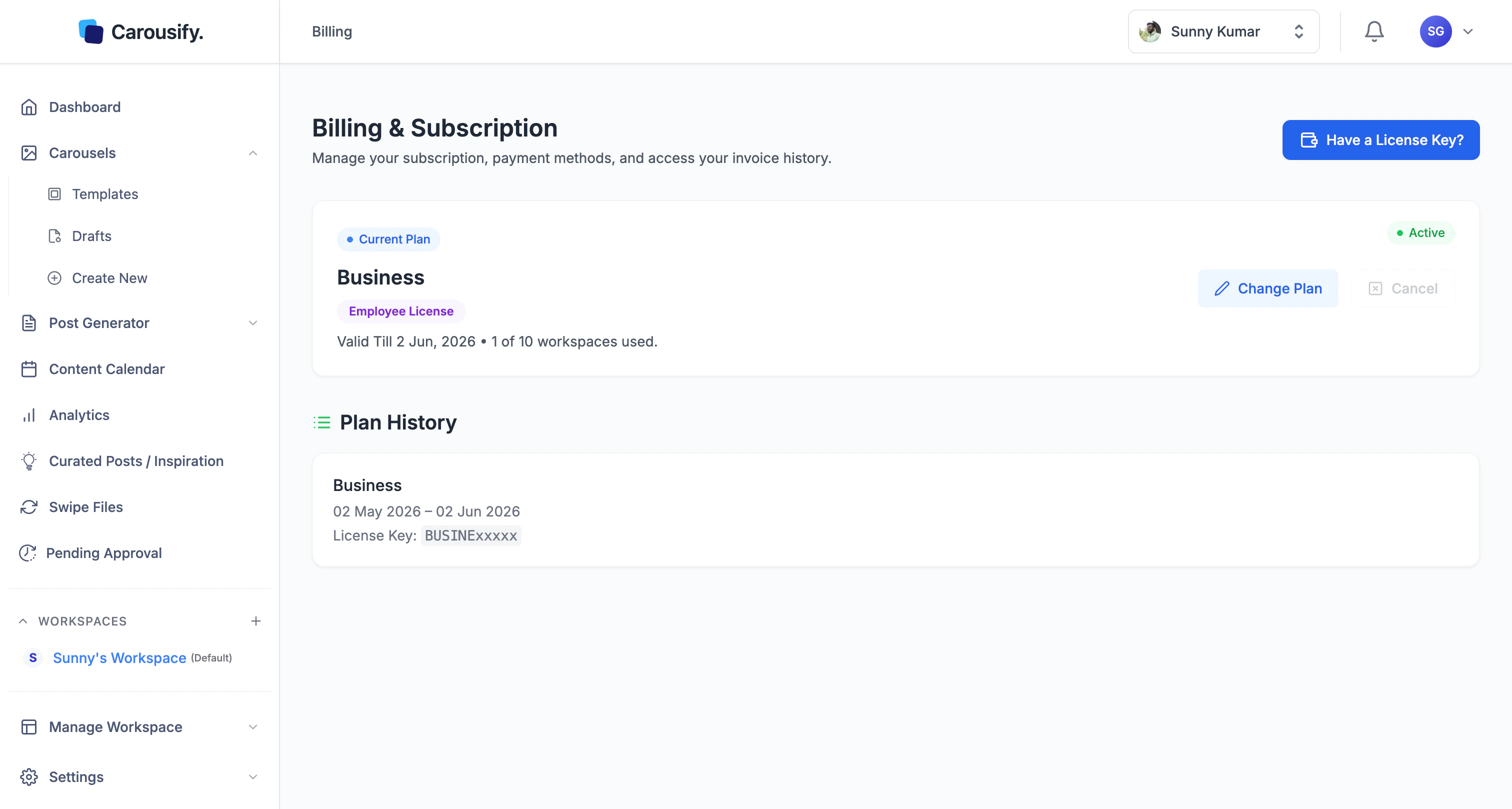 Carousify Billing & Subscription page showing current plan, renewal date, and plan history