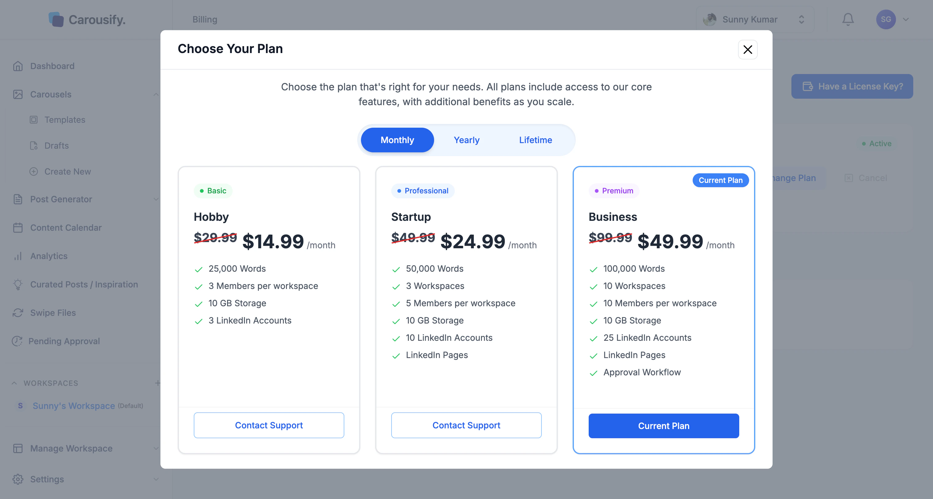 Choose Your Plan modal showing Hobby, Startup, Business, and Enterprise tiers