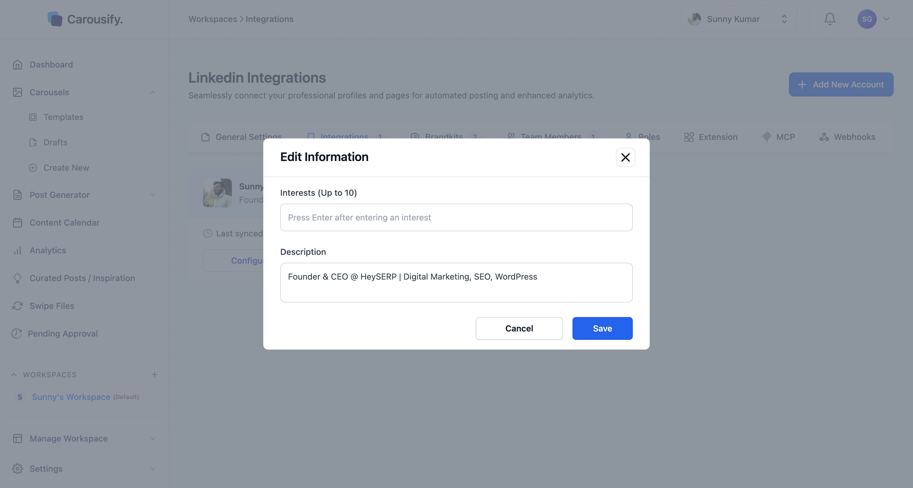 Configure account modal — interests and description