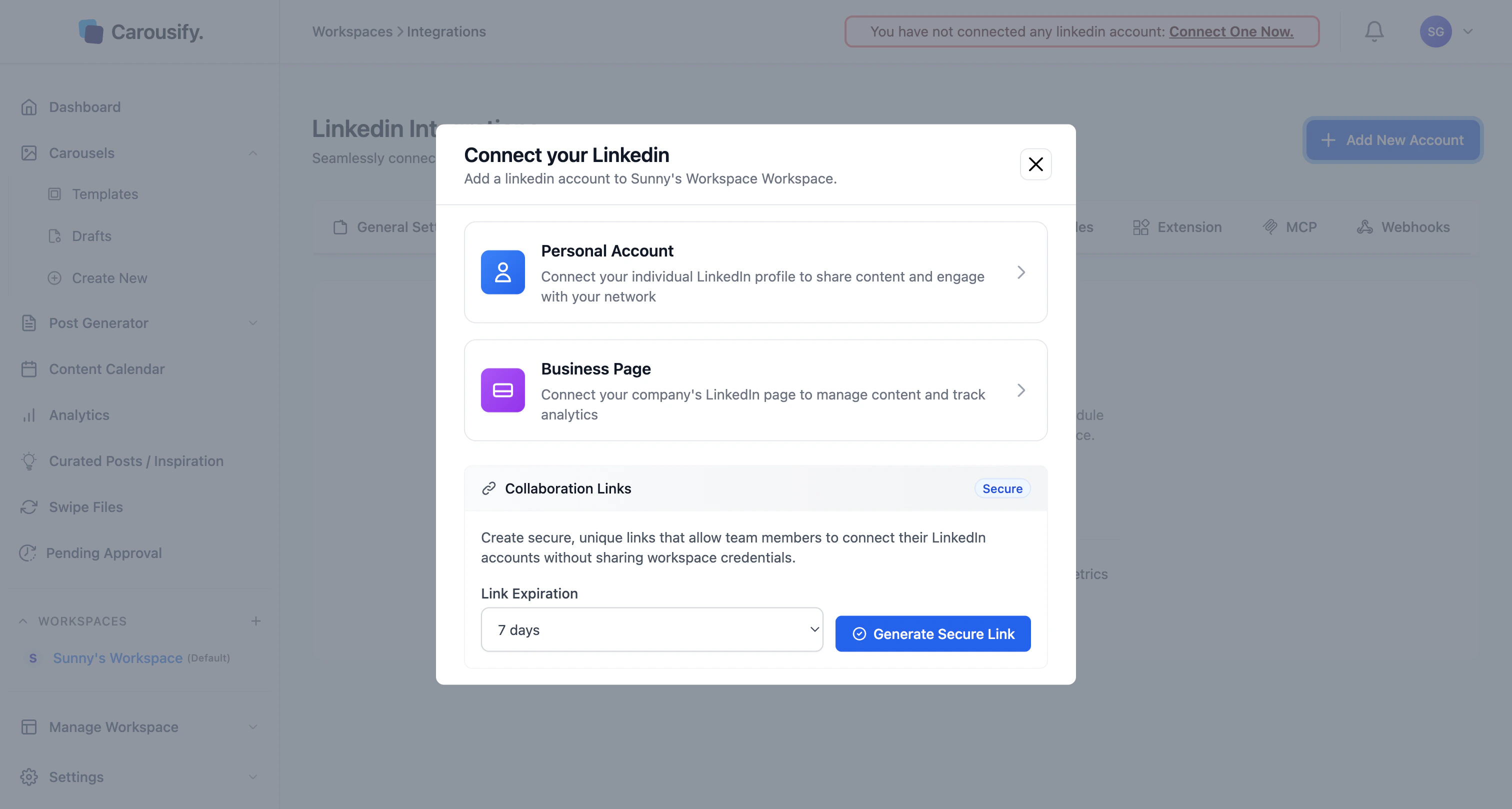 Connect your LinkedIn modal showing Personal Account, Business Page, and Collaboration Links