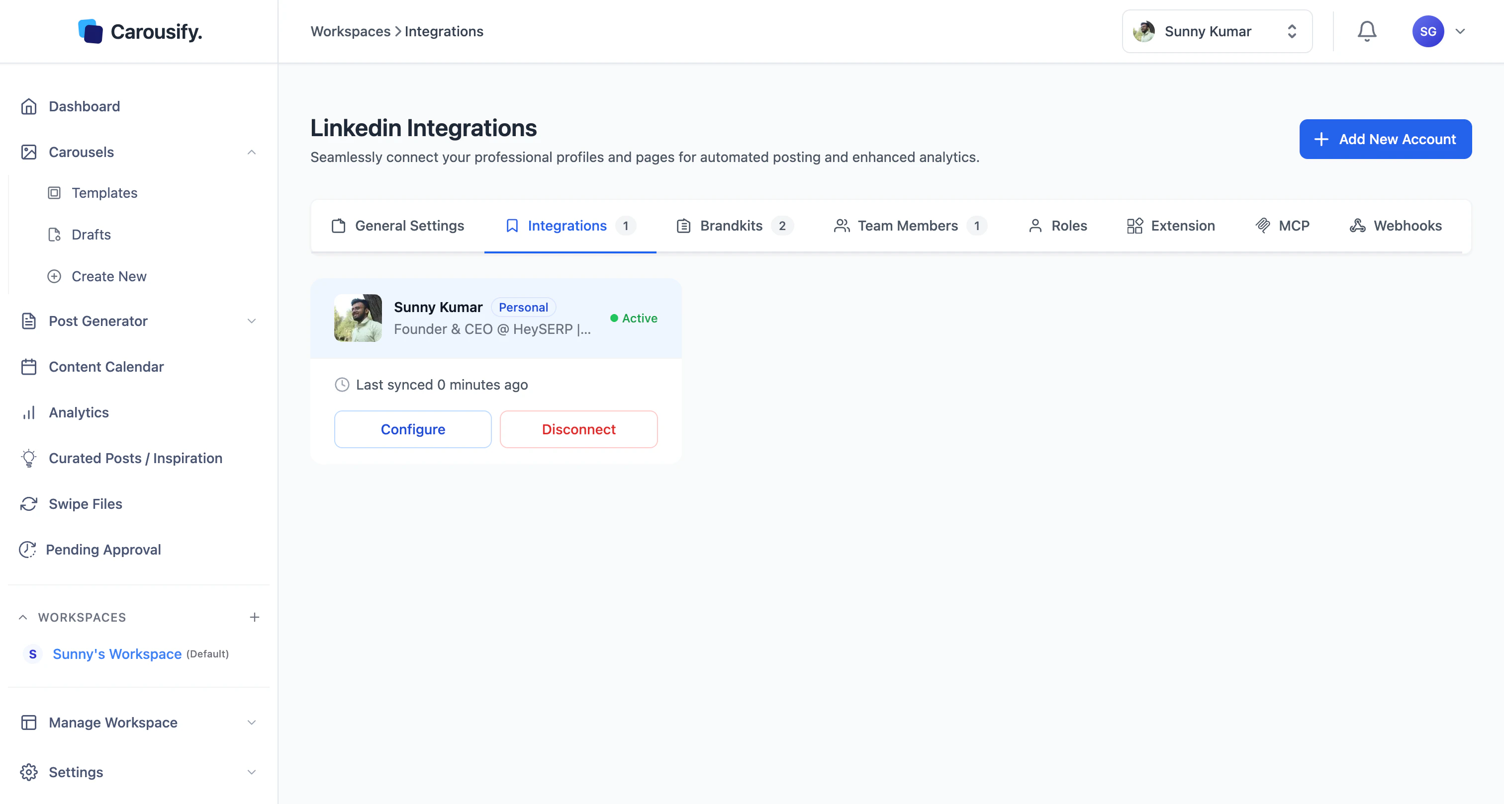 Workspace Integrations page showing a connected LinkedIn personal account