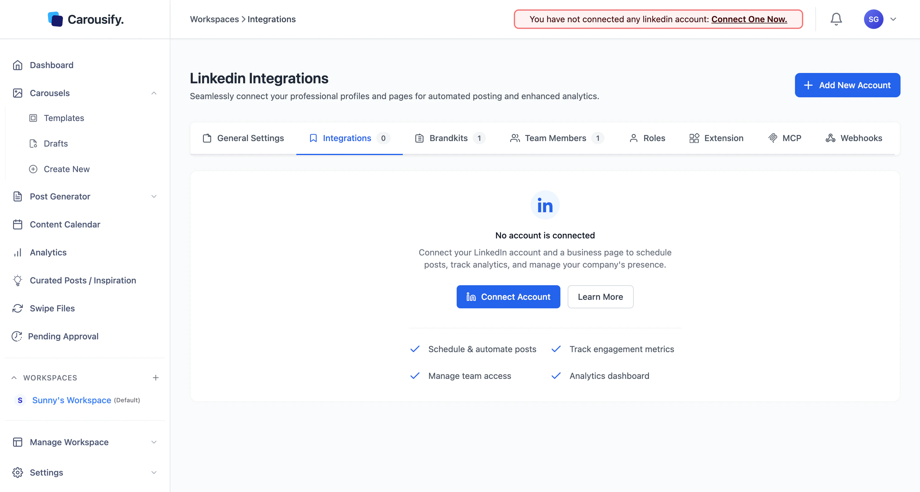 Workspace Integrations page with no LinkedIn account connected
