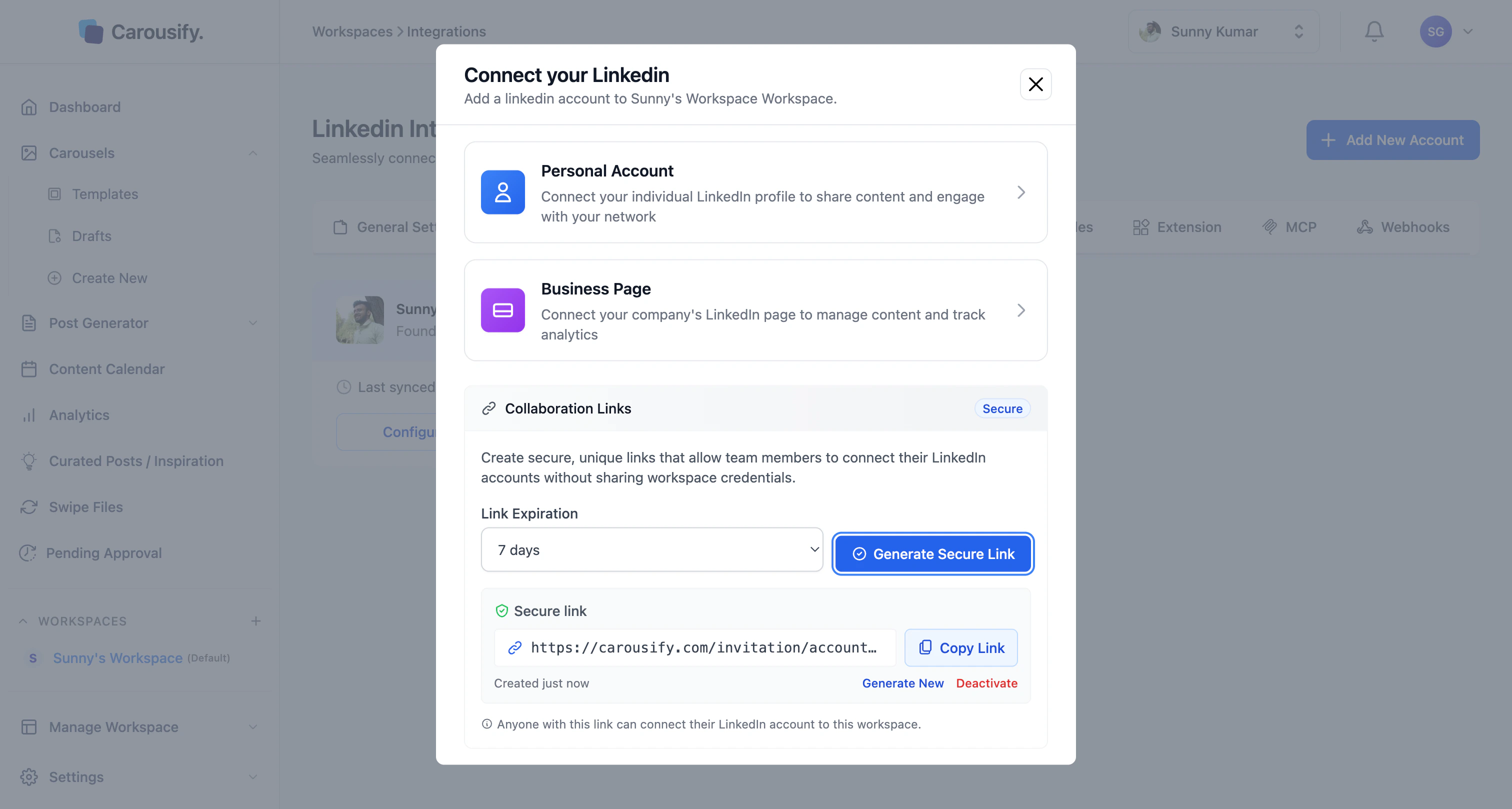 Generated Carousify secure invitation link with Copy Link, Generate New, and Deactivate buttons
