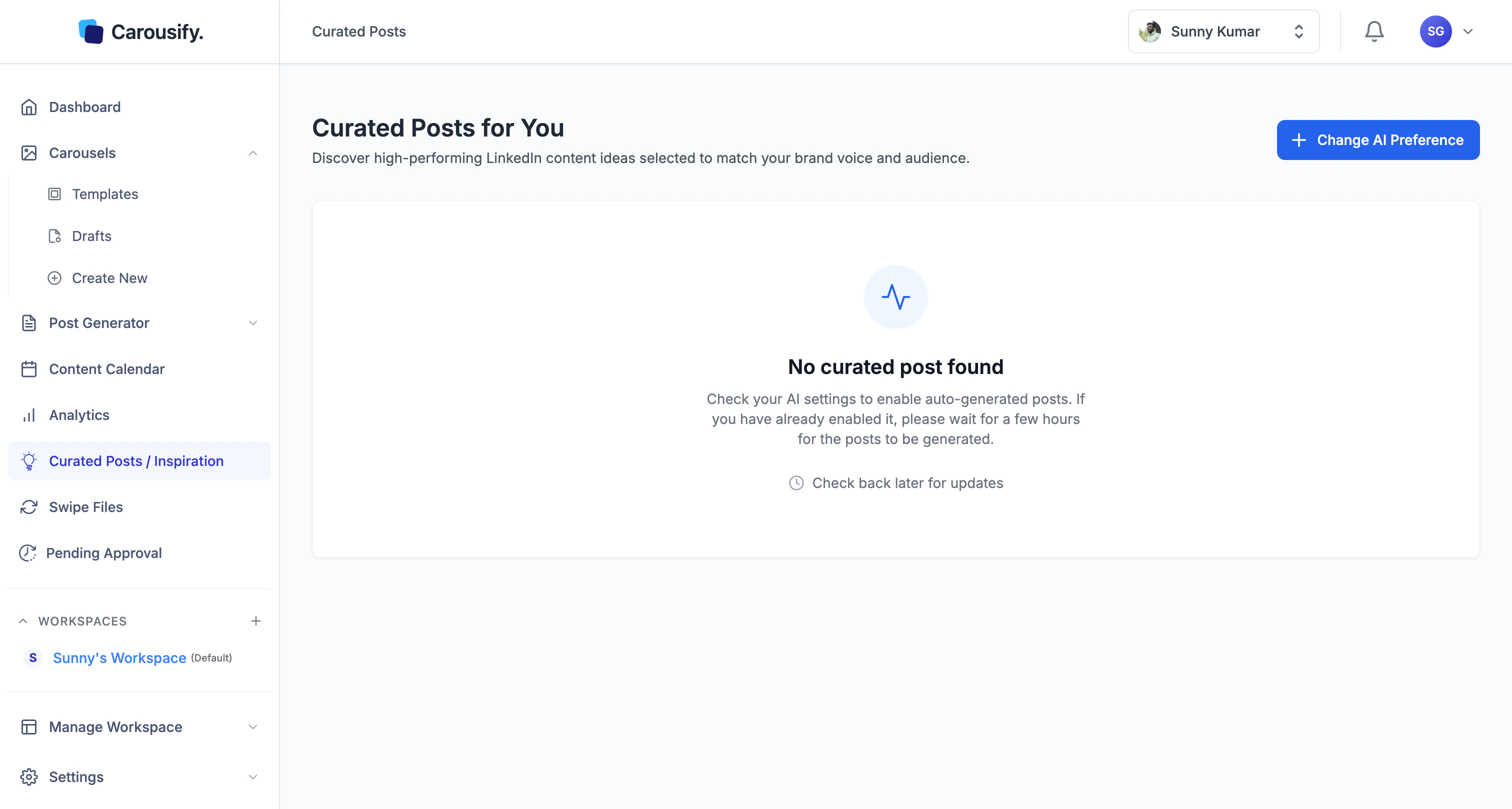 Curated Posts page showing the empty state before generation completes