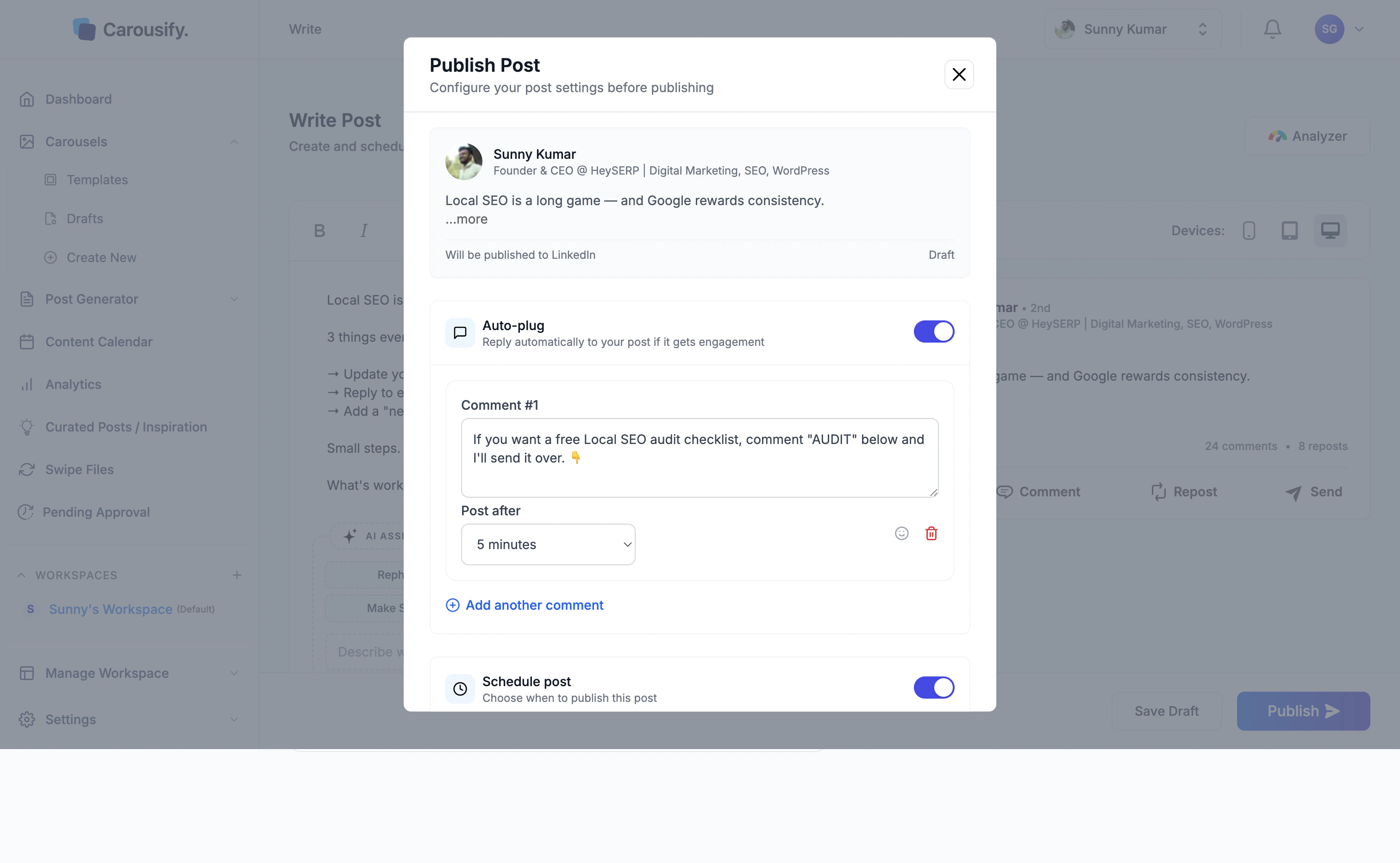 Publish Post dialog with Auto-plug and Schedule toggles both on