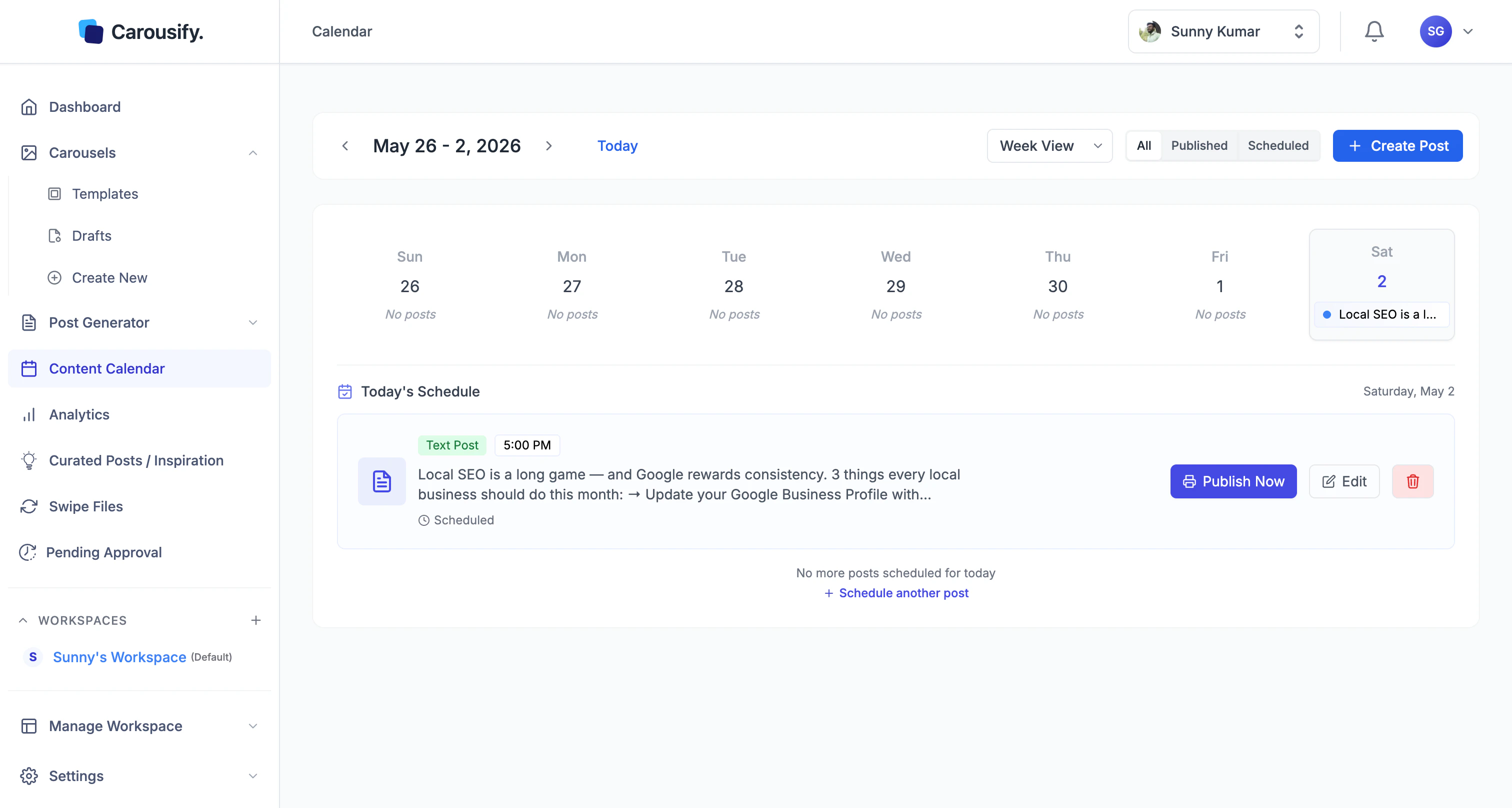 Carousify Content Calendar in Week View showing the scheduled post on the upcoming day