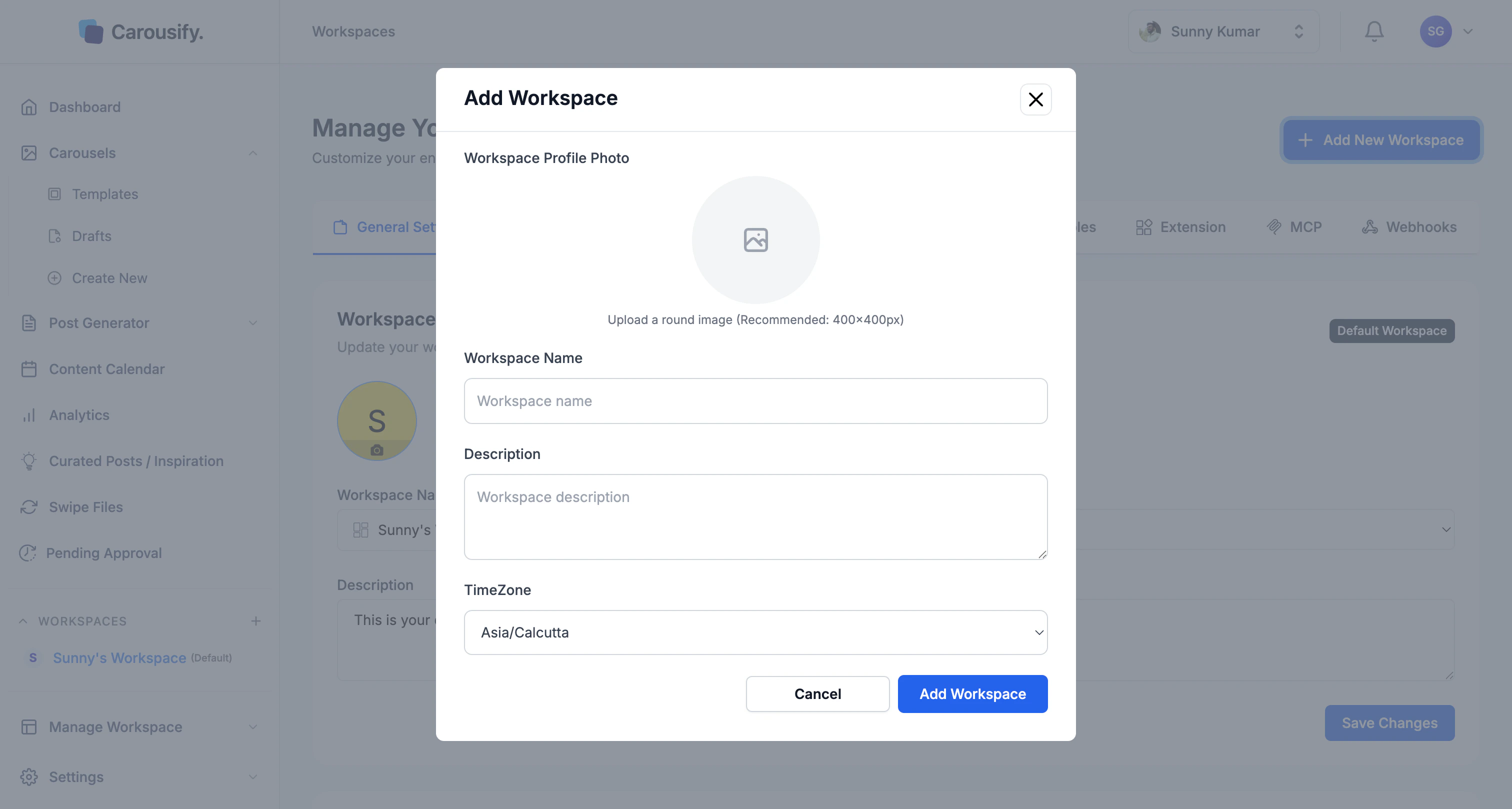 Add Workspace modal asking for profile photo, name, description, and timezone