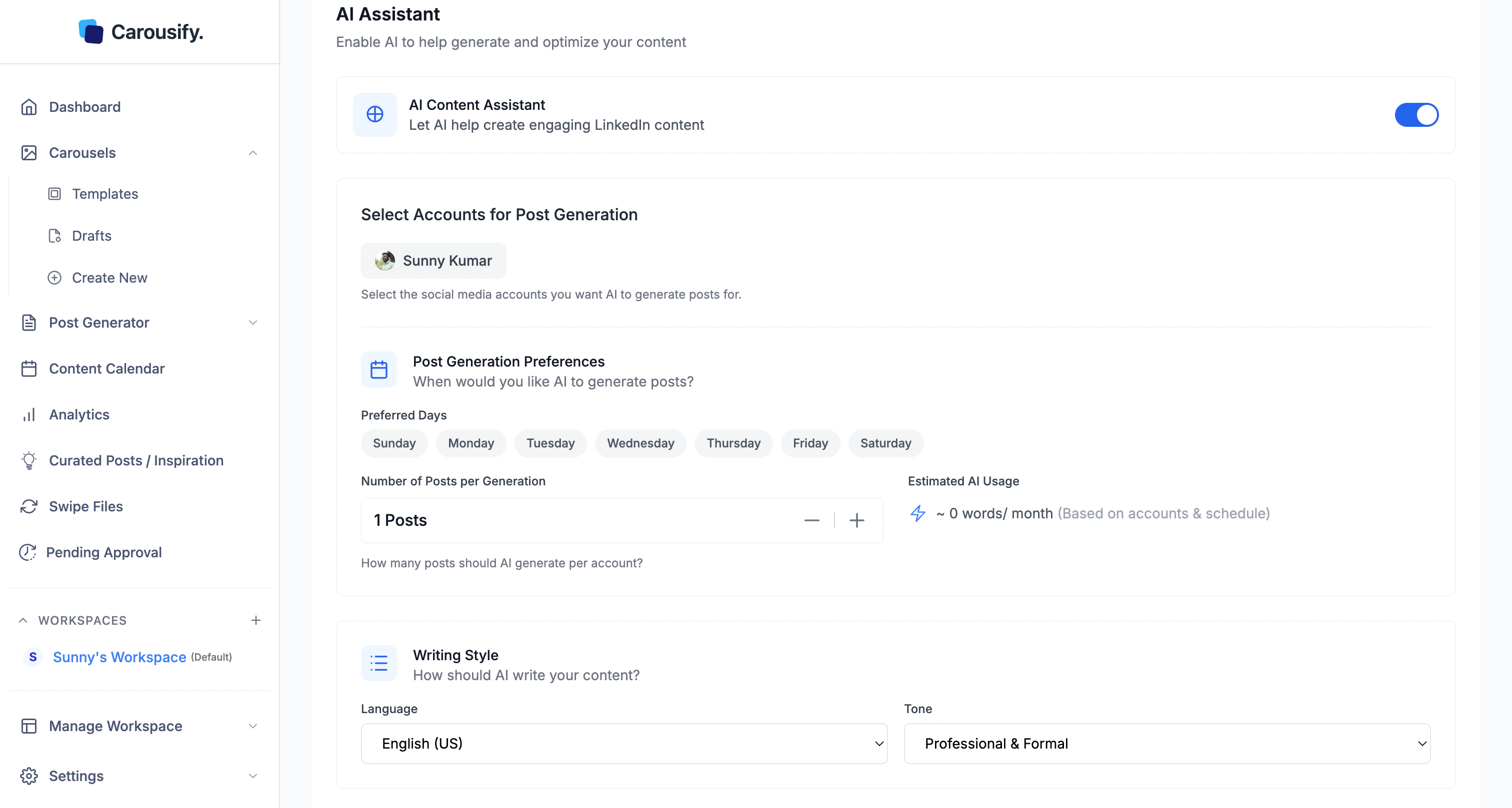 AI Assistant section in workspace settings