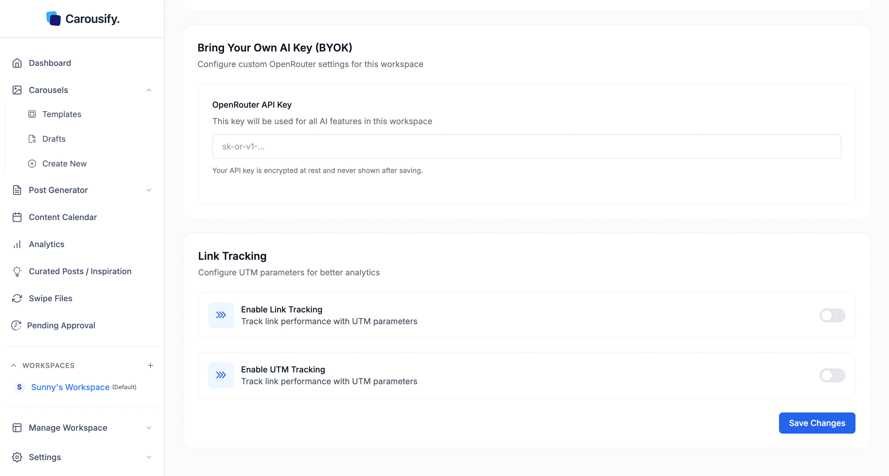 Bring Your Own AI Key section showing the OpenRouter API key field
