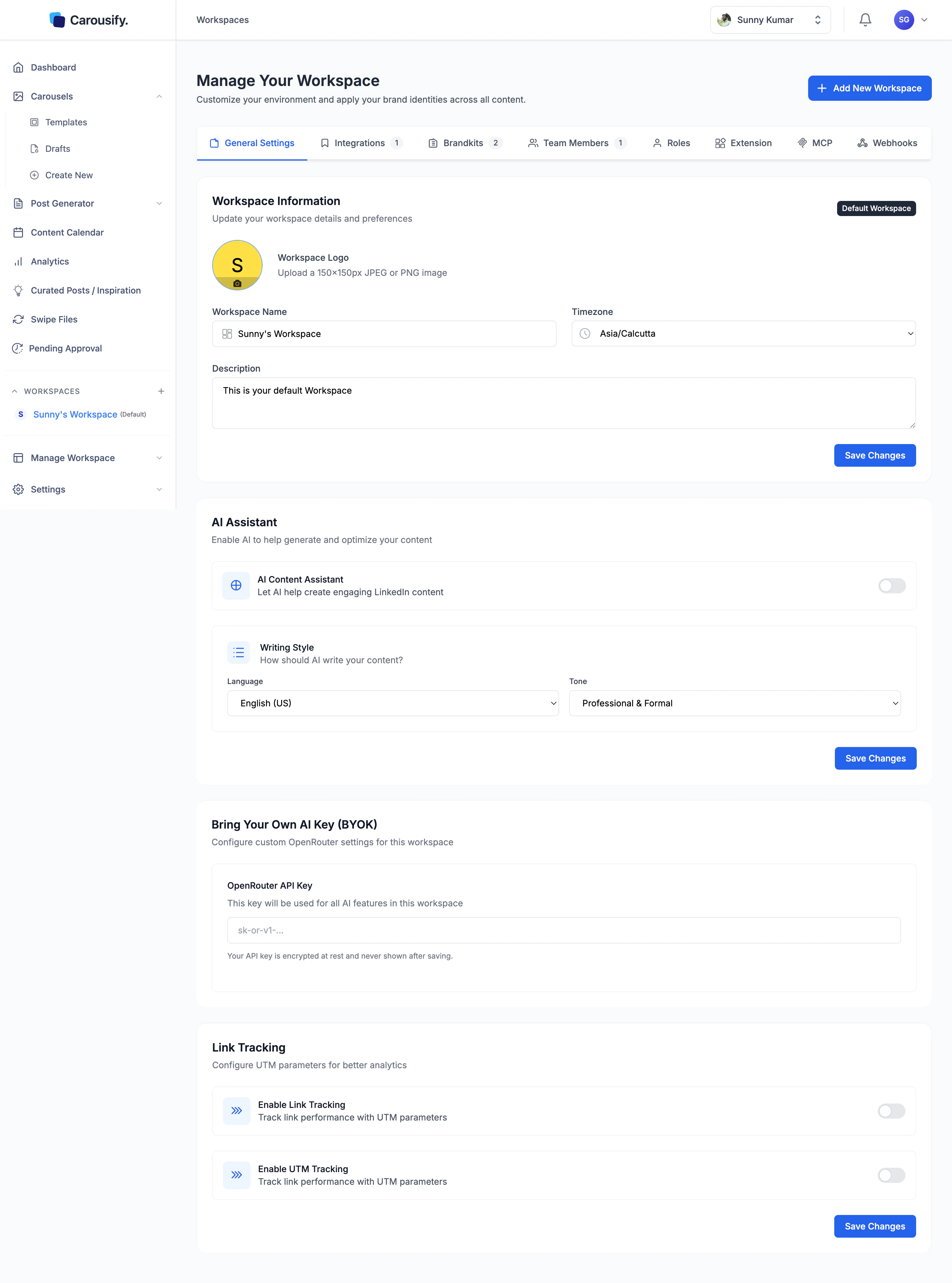 Workspace General Settings page with name, logo, timezone, description, AI assistant, BYOK, and link tracking sections
