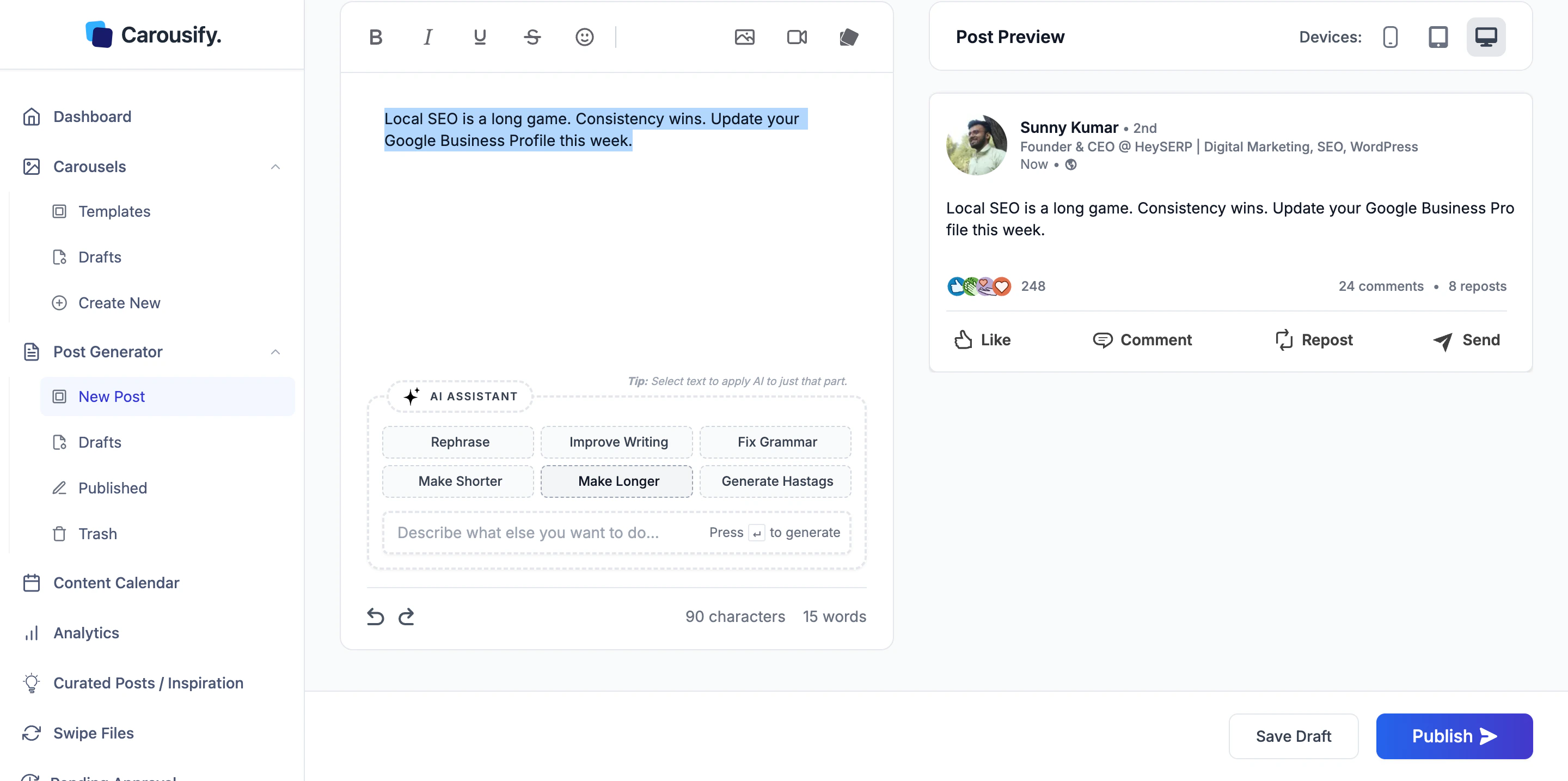 AI Assistant panel below the editor with six quick-action buttons and a free-form prompt input