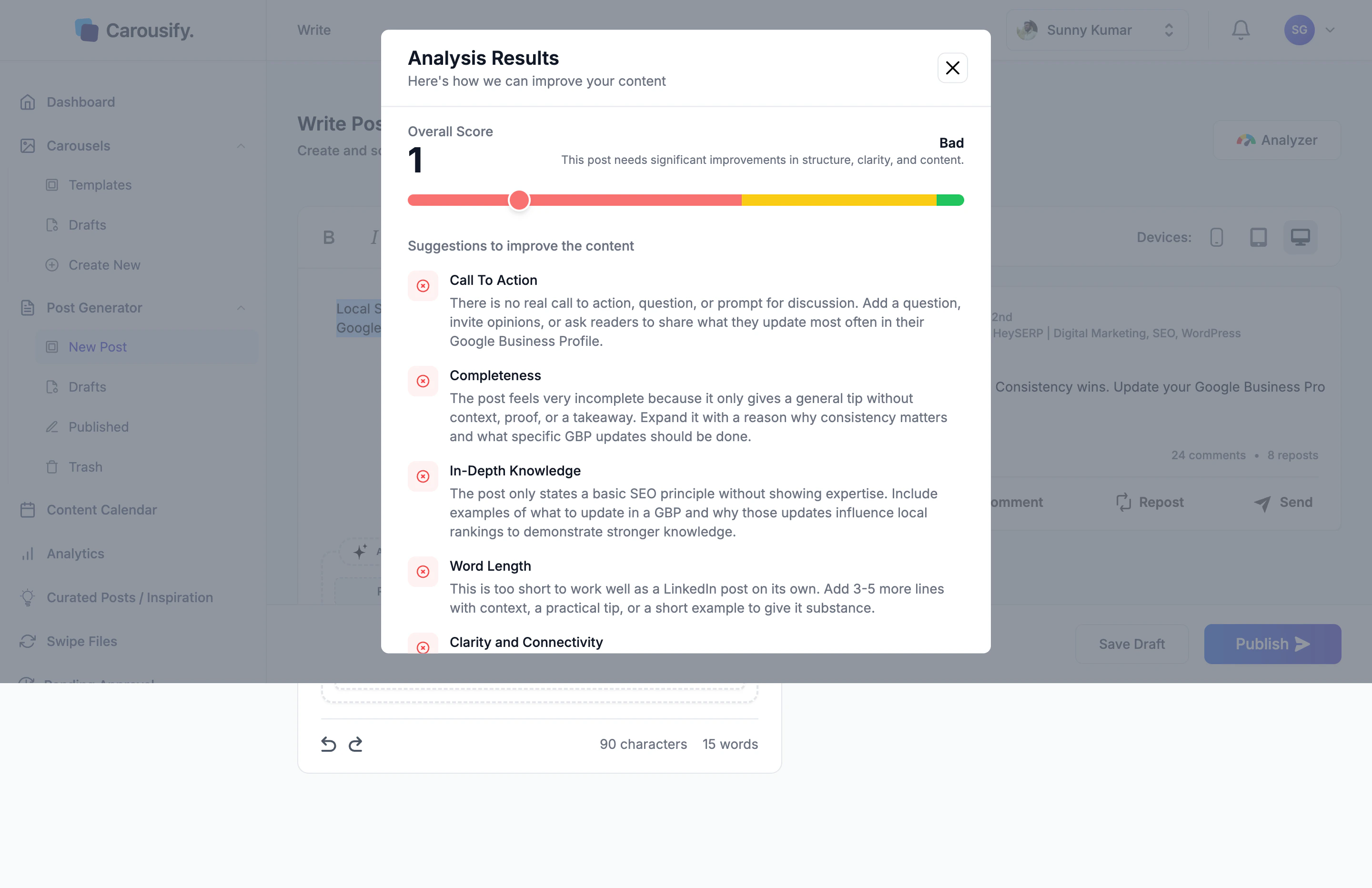 Analysis Results modal with an Overall Score and suggestions across Call To Action, Completeness, In-Depth Knowledge, Word Length, Clarity, Grammar, Authenticity, Readability, and Media